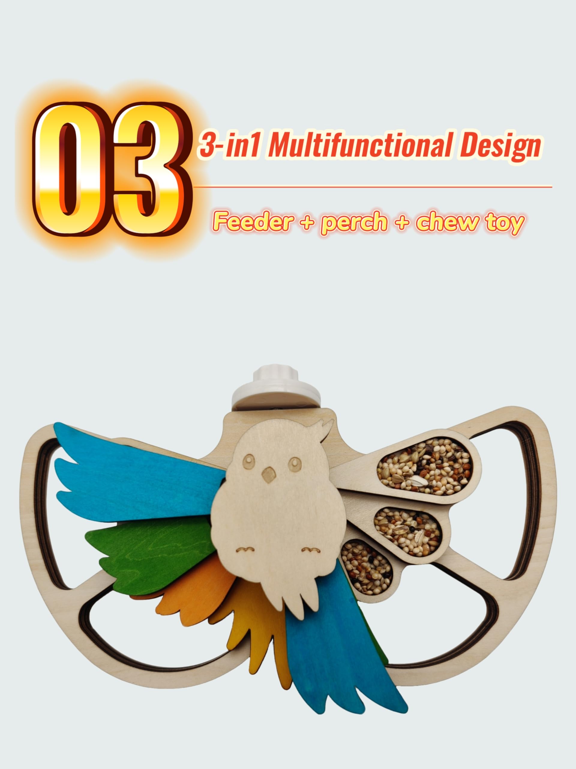 Interactive Parrot Foraging Toy - Natural Wood Puzzle Feeder & Chewable Perch for Small & Medium Birds (Conures, Cockatiels, Lovebirds) - 6 Hidden Food Holes, Movable Feathers & Easy Cage Mount - image 6