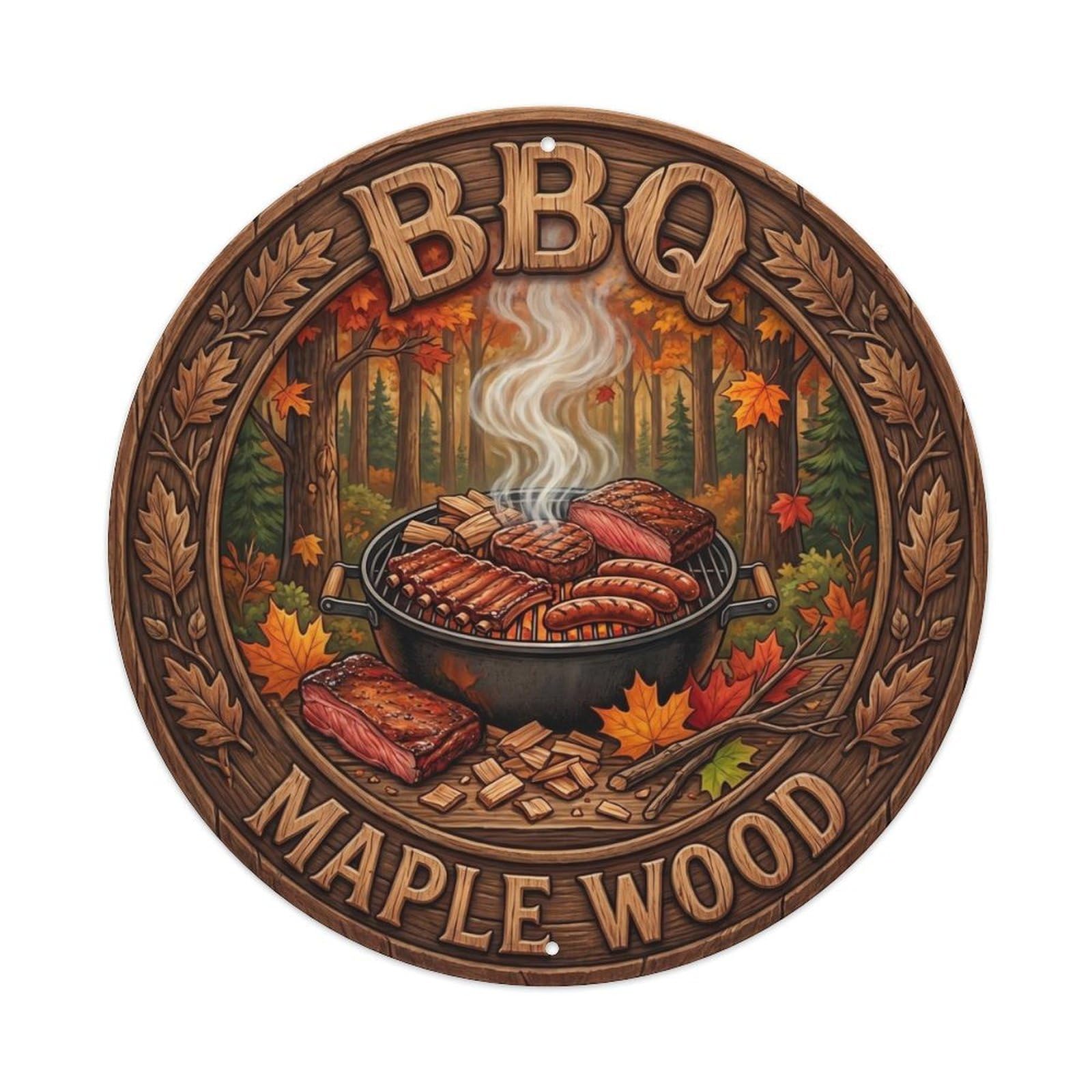 BBQ Barbecue Maple Wood Vintage Metal Tin Sign Plaque Wall Decor for Cafe, Club, Garden Round Metal Poster 8x8Inch