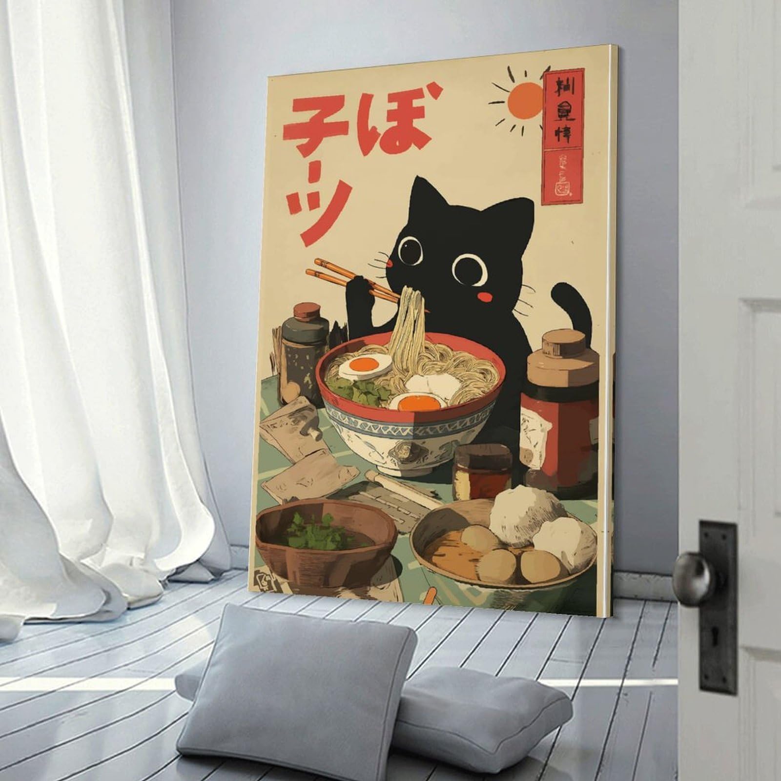 Junmoney Black Cat Eating Ramen Wall Decor Canvas Print, 24x36inch(60x90cm), for Small Homes, Bedrooms Or Open Spaces, Wall Decor with Flexible Room Appeal