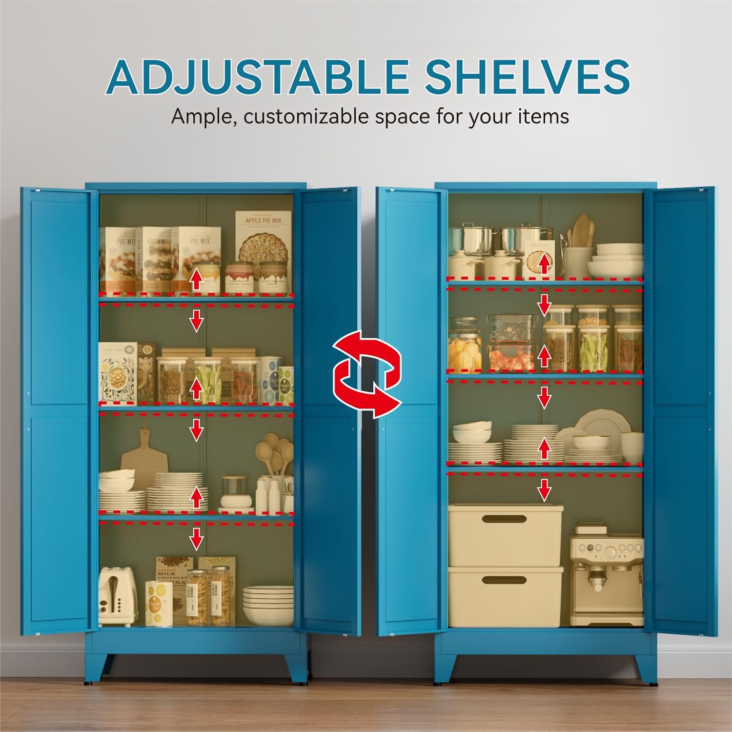 Kitchen Pantry Storage Cabinet, Tall Storage Cabinet with Door and Adjustable Shelves, Metal Pantry Cabinet, Freestanding Cupboard for Kitchen, Office, Living Room, Bathroom (Blue,61",Diamond Front)