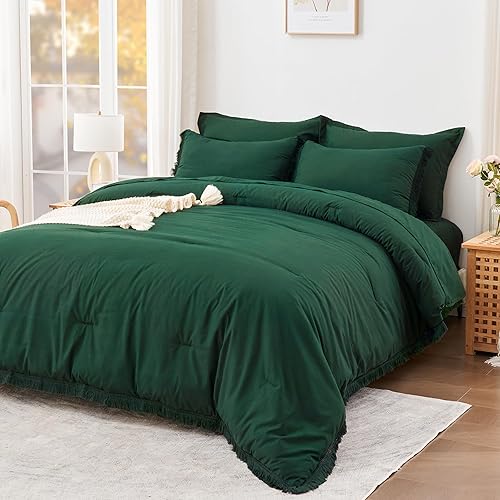 Miniatura 3 de Litanika Juego de edredón Queen con sábanas verde esmeralda oscuro, 7 piezas de cama en una bolsa, juego de ropa de cama bohemio con borlas, suave