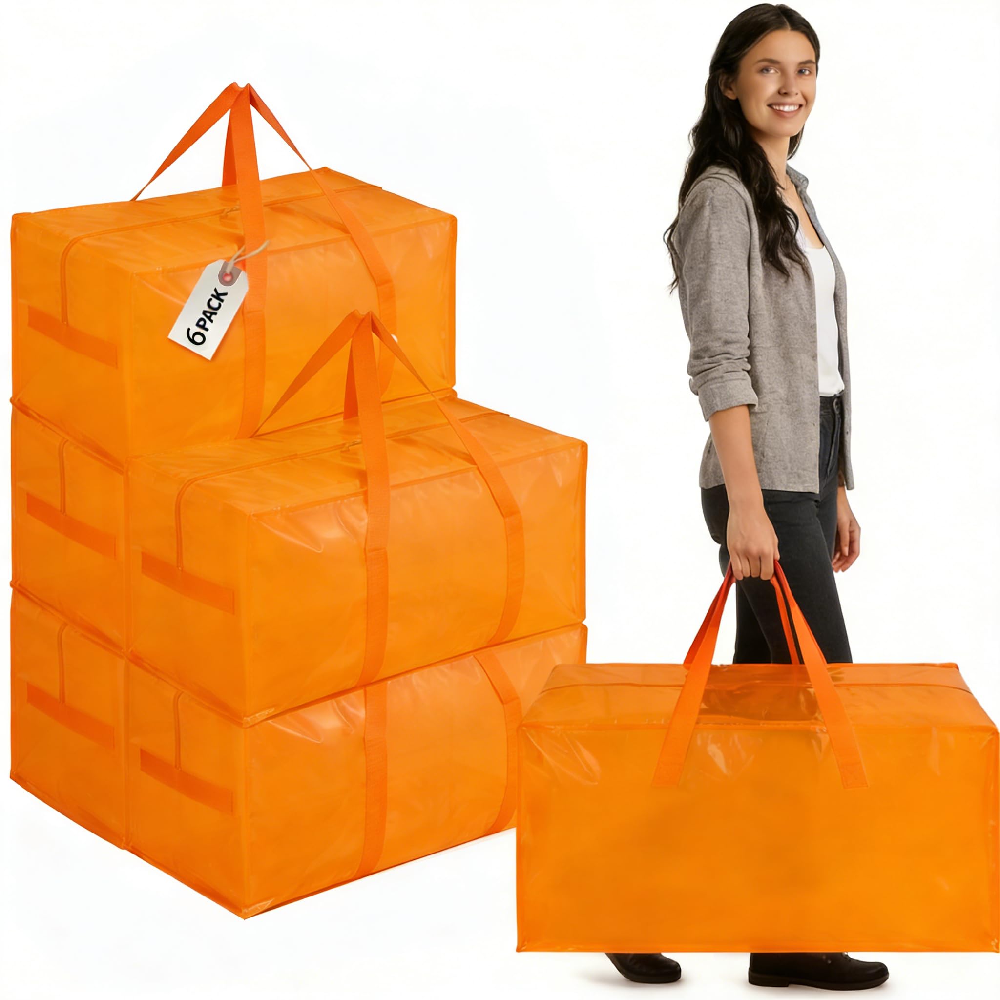 Zandrix Large Moving Boxes Bags, 90L Duty Cloths Storage Bags with Backpack Straps, Waterproof Foldable Reusable Packing Bags for Home, College Dorm, Christmas Decor, 6 Pack, Coral Orange