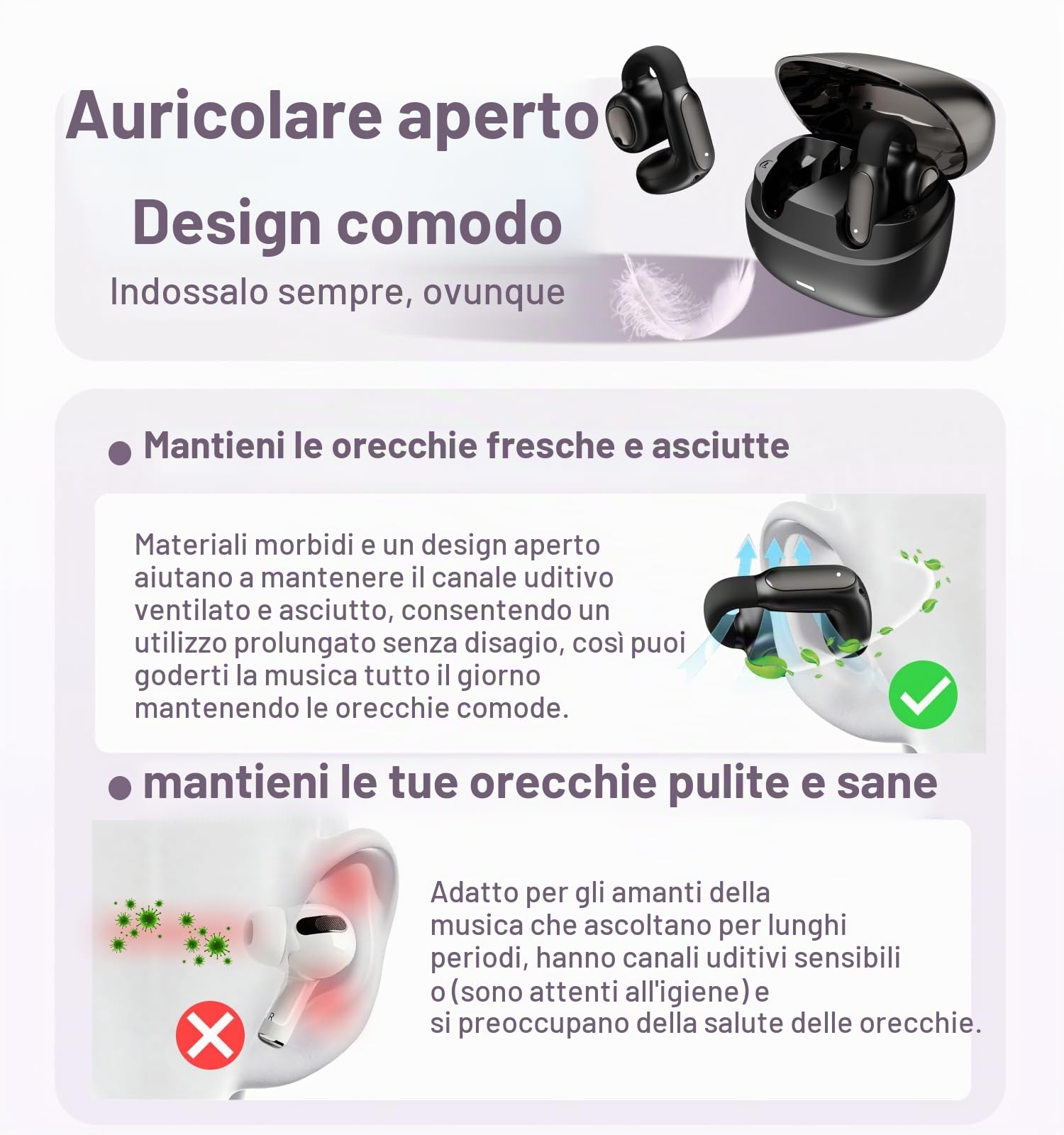 Hmusic Cuffie Open Ear Bluetooth 6.0 con Clip