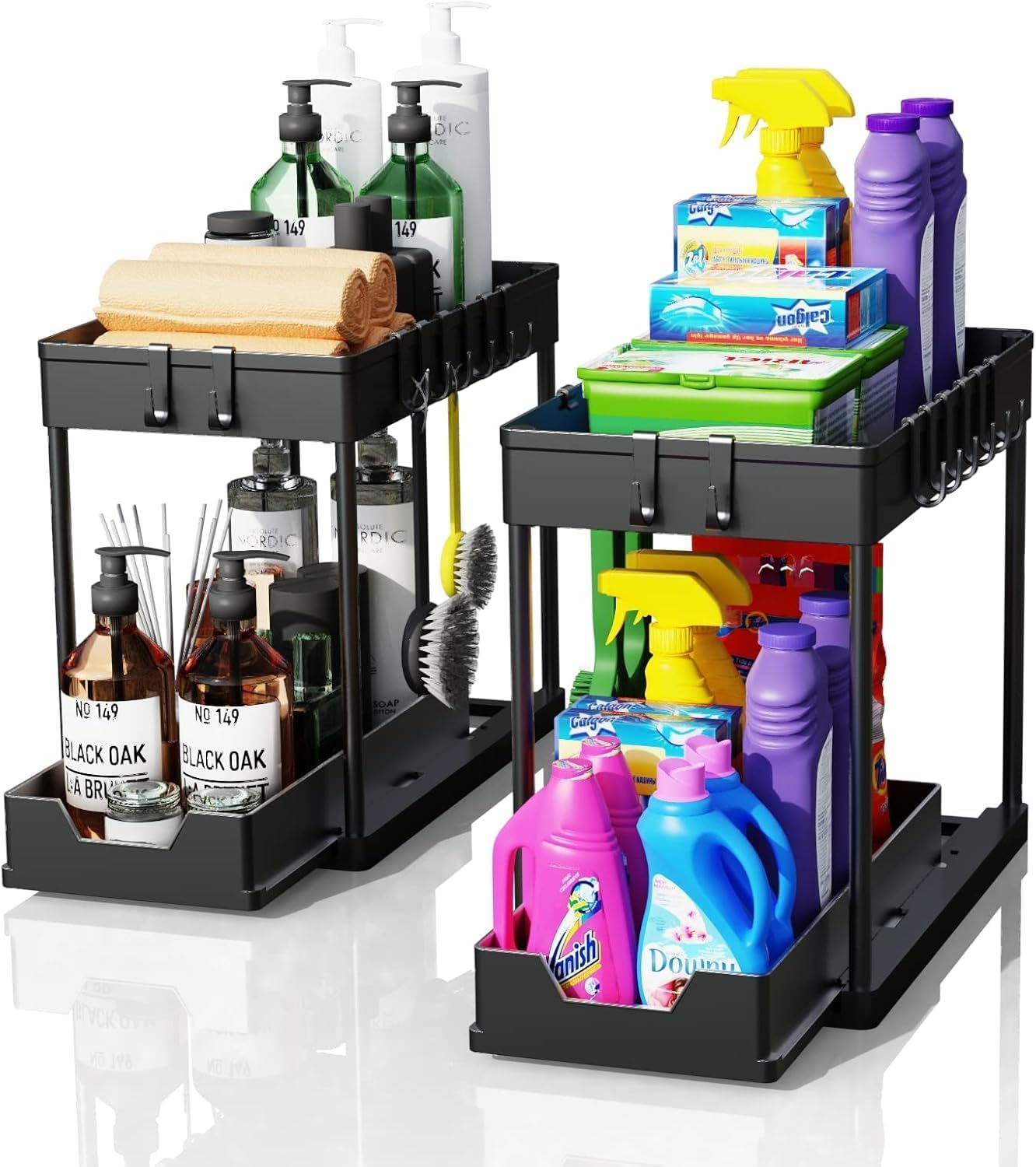 Zollyss Under Sink Storage Organizer | 2-Tier Pull-Out Storage Rack | 35.5cm x 21cm | Bathroom Organizer | Expandable Rack with Hook | Keeps Utilities Easy to Access | Black