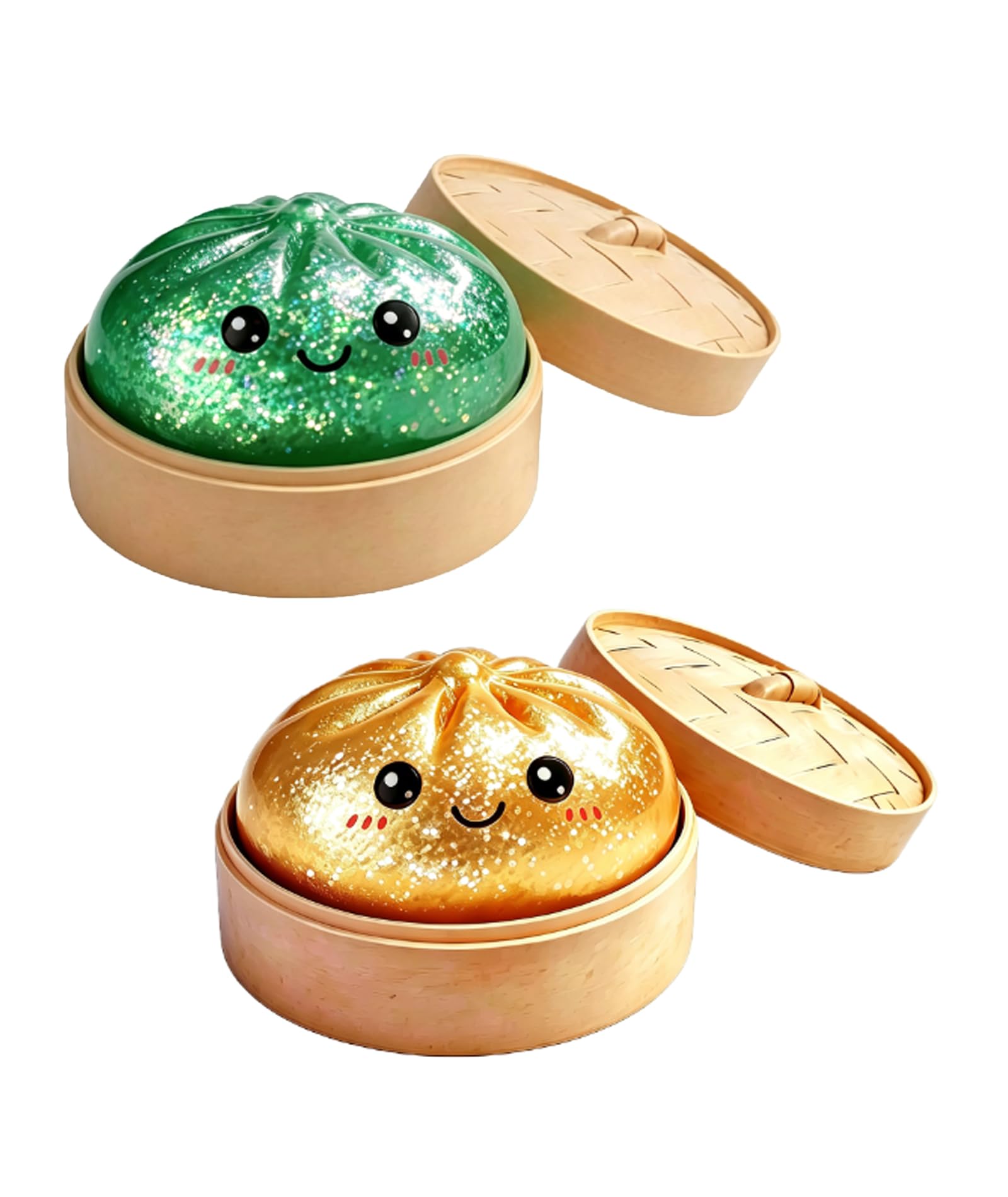 2 Pcs Dumpling Squishy, 6CM Squishy Ball with Soft Texture and Fun Shapes, Sensory Fidget for Play and Collection, Party Favors, Steamed Buns and Steamer, Golden and Green Pectin Style-image-20