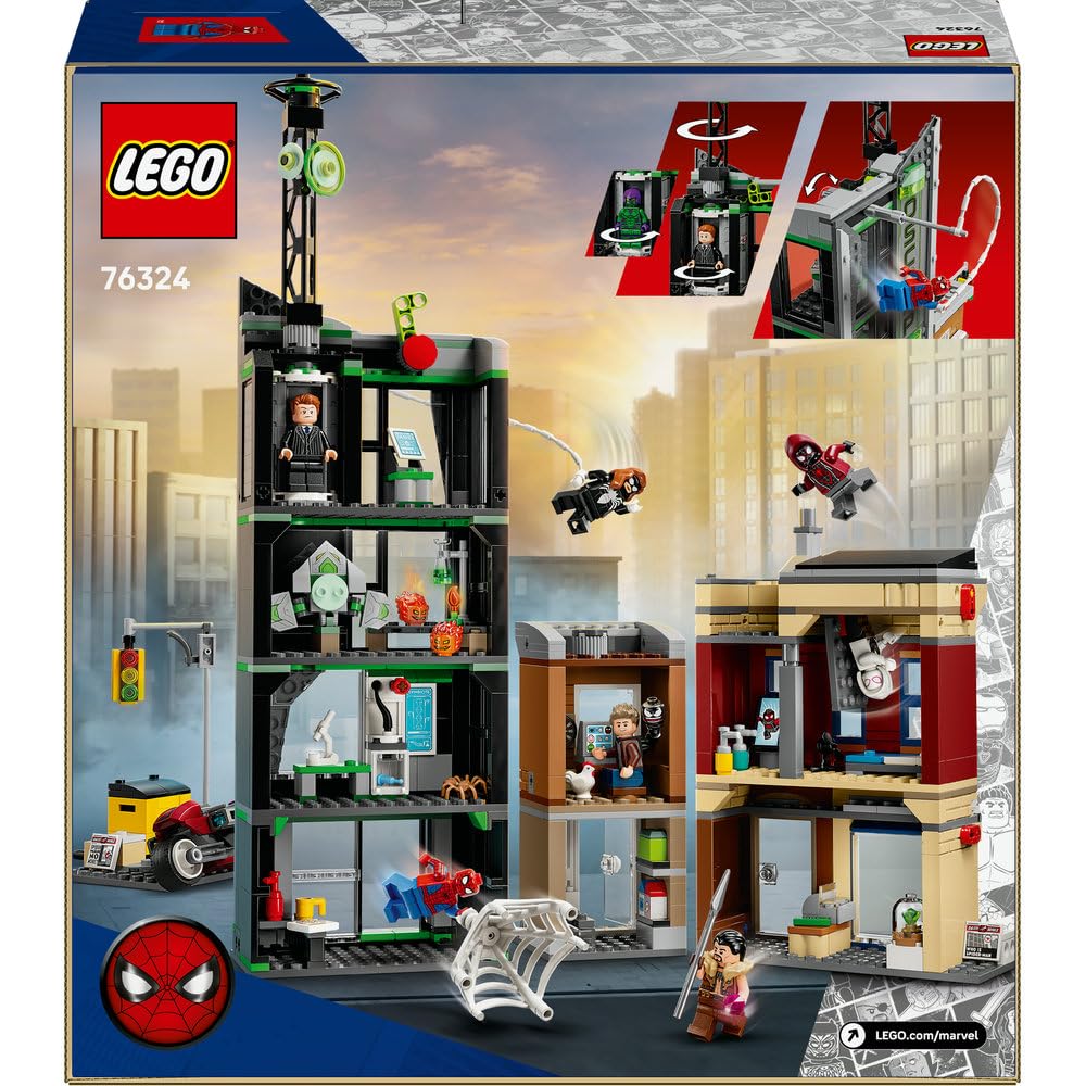 LEGO | Marvel Spider-Man i Oscorp 76324 | Zestaw dla dzieci, z figurkami i budynkiem, prezent dla fana Spider-Mana 10+, klocki dla chłopca i dziewczynki, 808 elementów