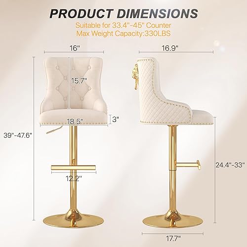 Miniatura 12 de ABET Juego de 2 taburetes de bar, taburetes de altura de mostrador con reposapiés, silla giratoria ajustable de terciopelo para isla de cocina con
