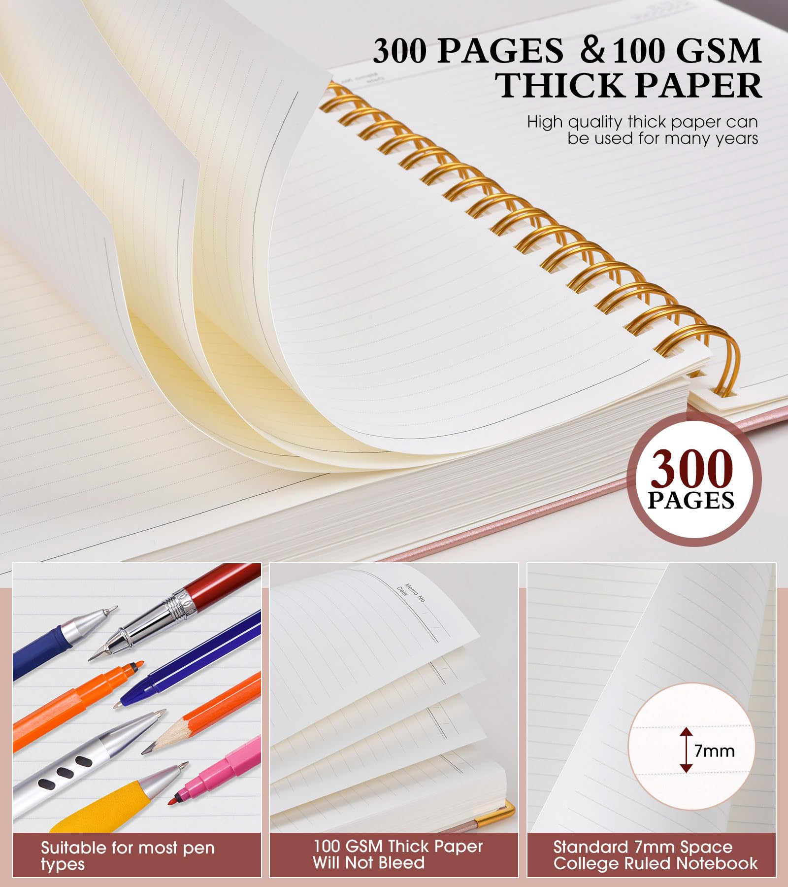 Spiral Notebook Journal 7.6” x 10”, 300 Pages Hardcover Leather Lined Journals for Women Men, B5 Large College Ruled Notebooks with 100 GSM Thick Paper, Spiral Journal for Writing Work School, Pink