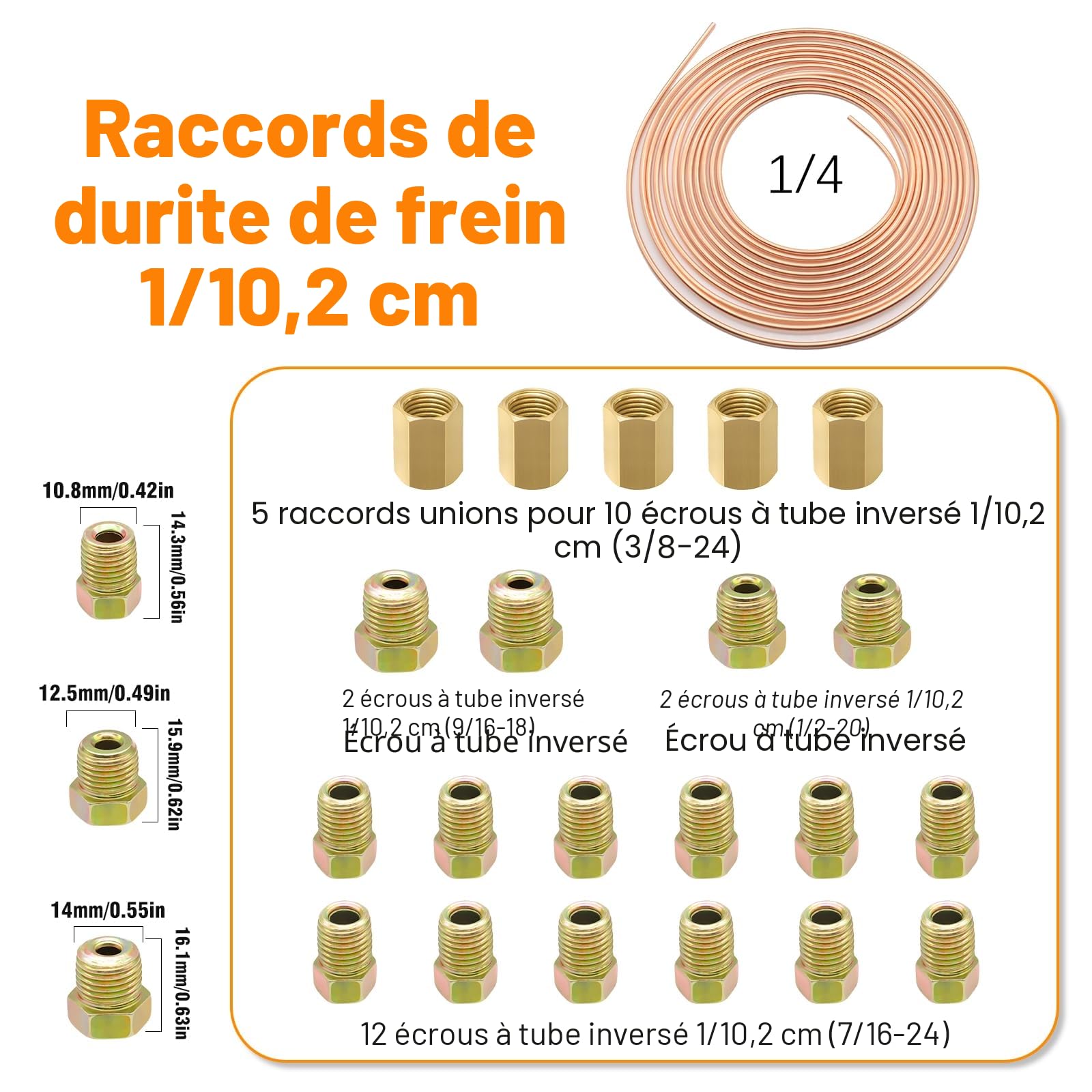 Kit Tuyau Frein Voiture, 7,62m de Ø4,75mm + Ø6,35 mm en Acier Cuivré avec 32 Raccords de Durite de Frein + 10 Connecteurs, IdéAl Pour Les SystèMes De Freinage Hydrauliques De Voiture