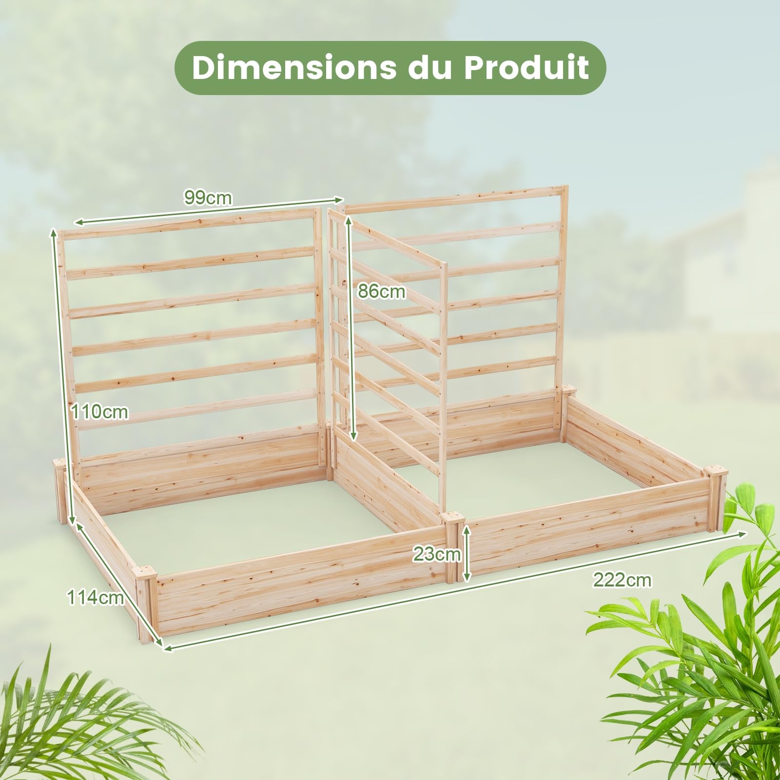 RELAX4LIFE Jardinère Surélevé en Bois avec 3 Treillis, 2 Bacs à Plantes Carré Potager surélevé Extérieur 2.2X 1.2x1.1M, Bac à Plantes Surélevé sans Fond pour Fruits Légumes Fleurs Herbes, KX8439FR