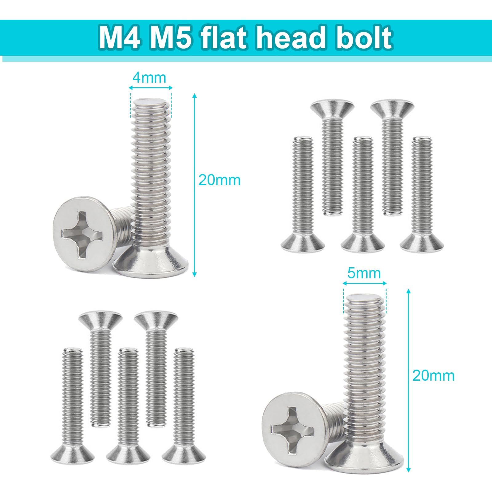 Kit 20 Viti per Riparazione Porte e Finestre UPVC | M3.5 M4 M5 Acciaio Inox | Testa Svasata (8mm/20mm) per Incontri, Ingranaggi e Maniglie