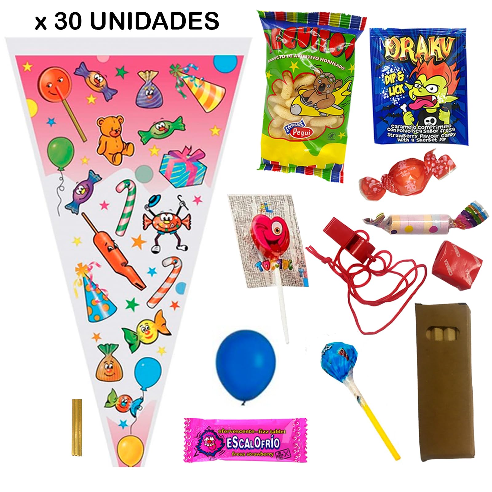 Deliex. 30 cucuruchos con Chuches para cumpleaños infantiles, bolsas conos con chuhes para regalar, golosinas variadas sin alérgenos (MONTADO, 30)