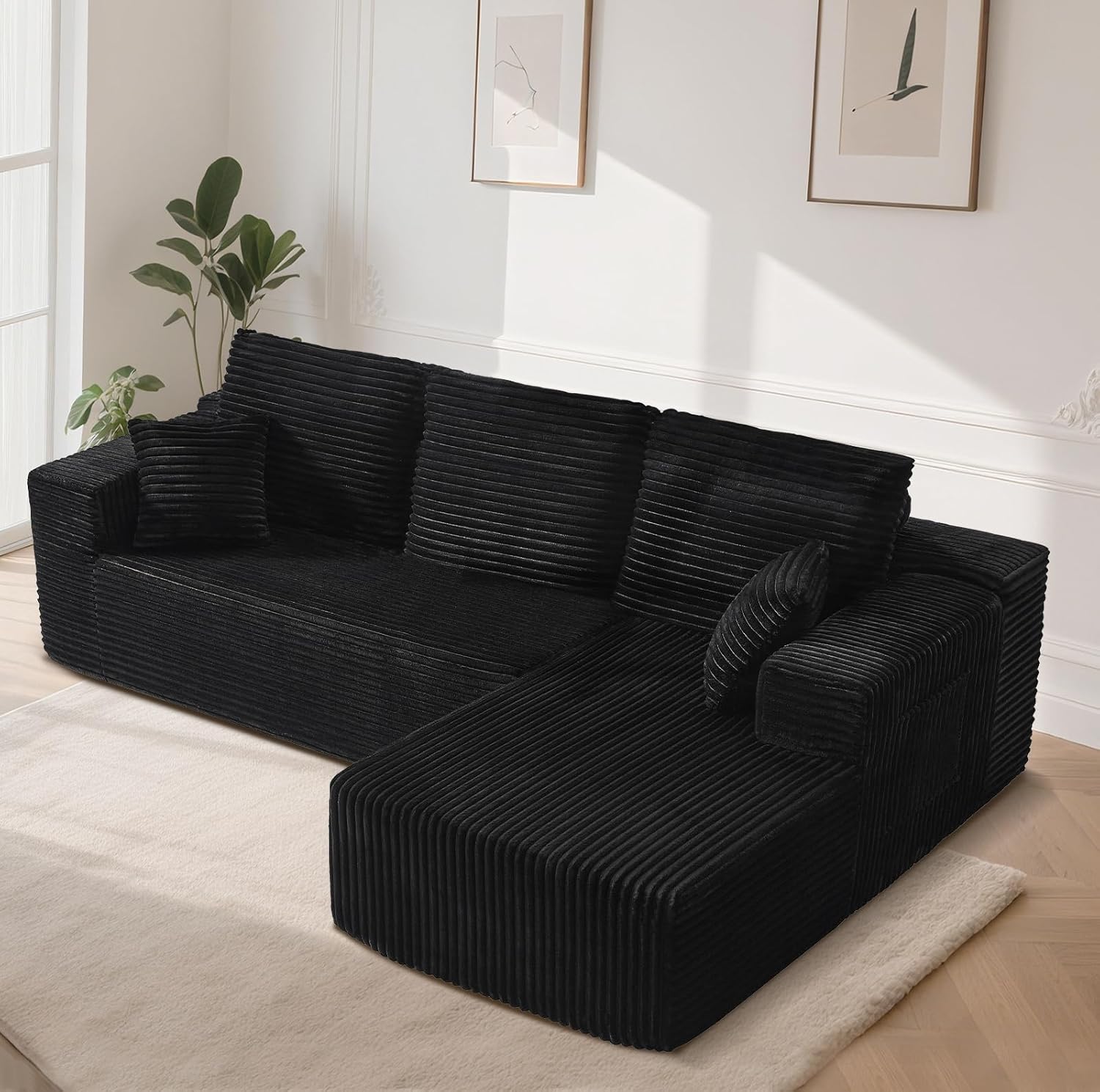 106'' Cloud Sectional Couch with L-Shape Chaise, Boneless Corduroy Sofa with Deep Seat, Modern Modular Couch for Living Room, No Assembly Required, Black Corduroy Fabric (Right-Facing Chaise)