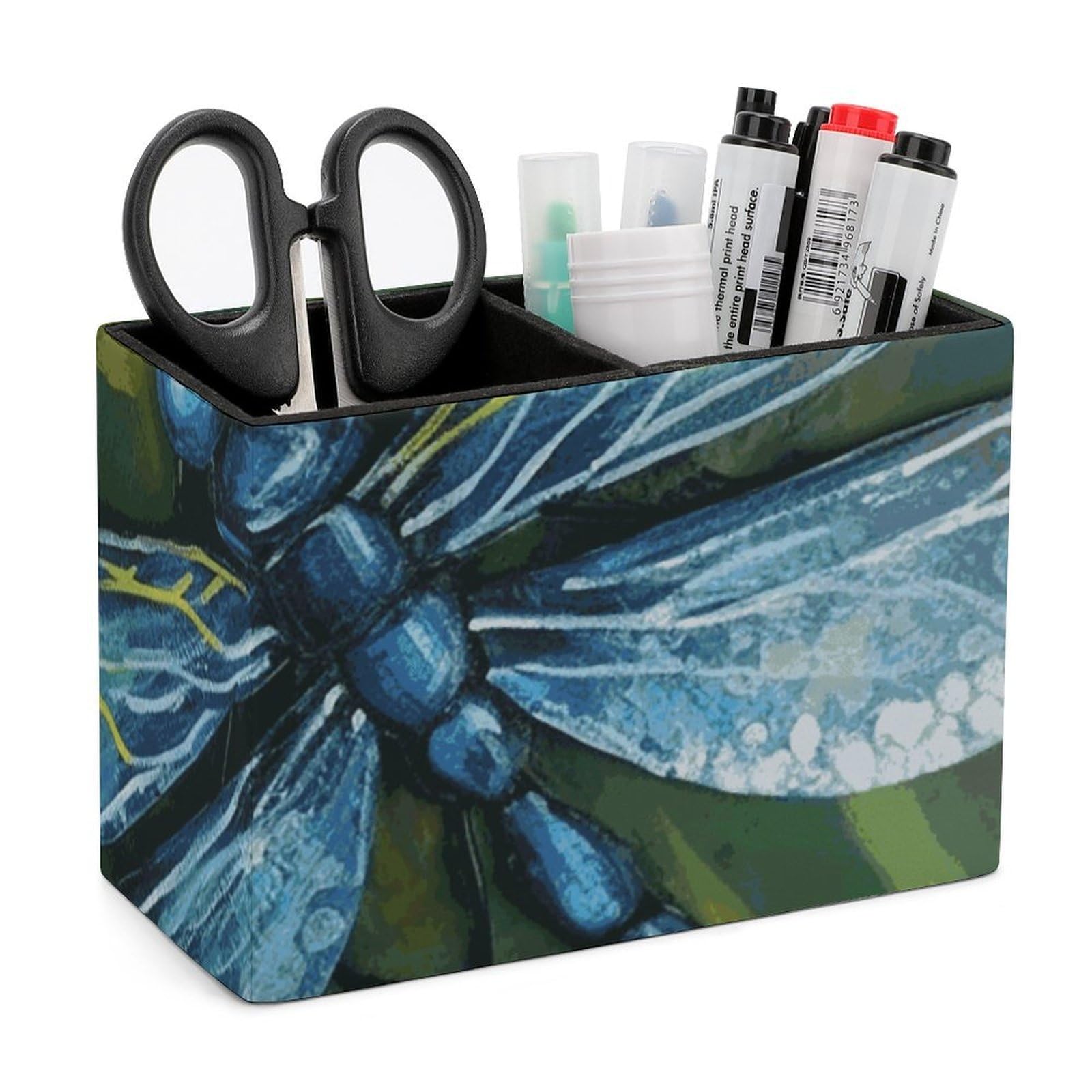 JTREHY Hand Painted Blue Dragonfly Pencil Holder Exquisite Fashion Leather Pen Receptacle Soft High-End Pen Container for Office Home Accessories Or Housewarming Present