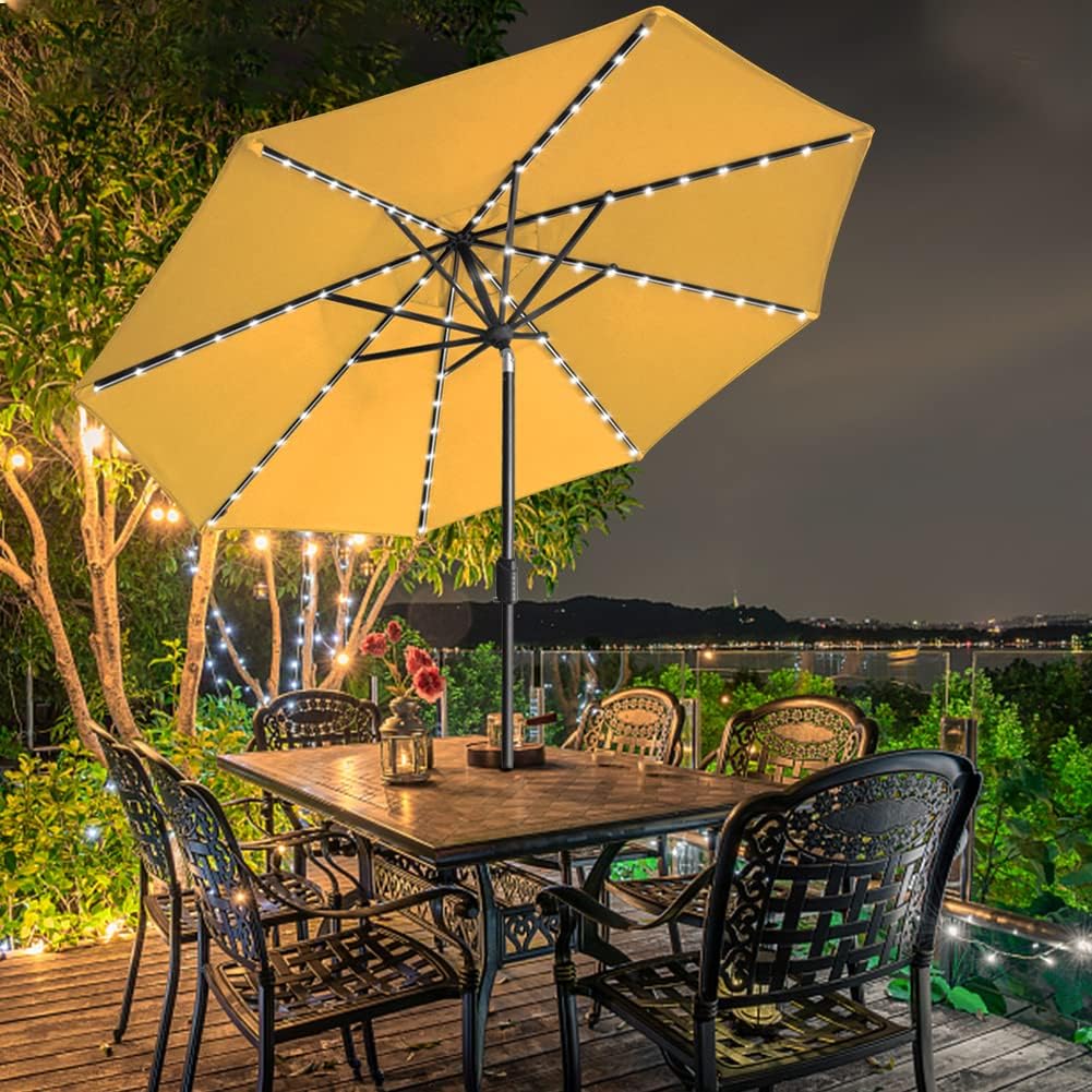 EliteShade USA 10-Year-Non-Fading Sunumbrella Solar 9ft Market Umbrella with 80 LED Lights Patio Umbrellas Outdoor Table Umbrella with Ventilation, Sunflower Yellow