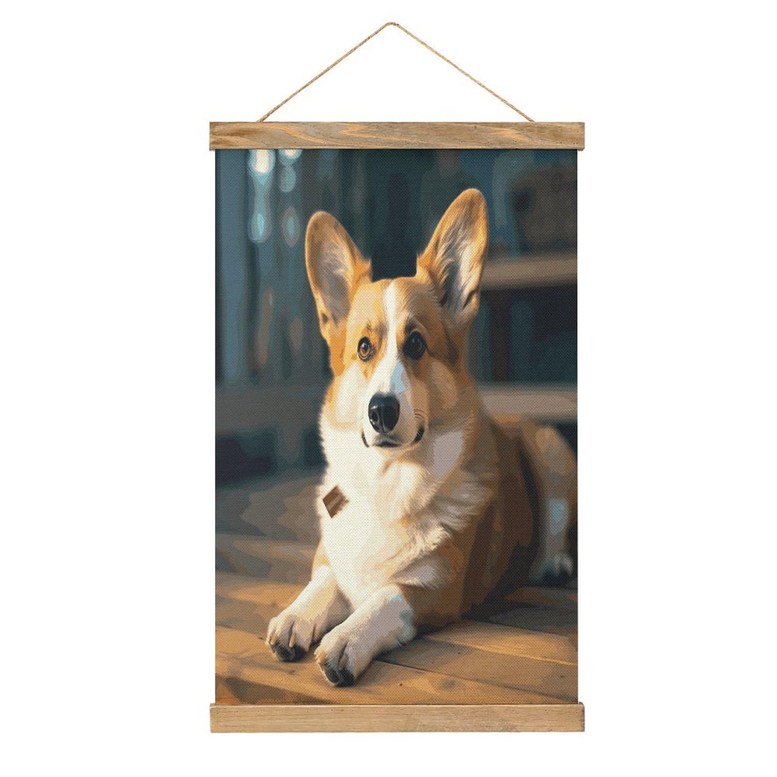 JTREHY Smart Corgi Linen Hanging Painting Vintage Poster Wall Art Prints Personality Style Wall Hanging Poster for Living Room Office Bedroom Decor Frame 13.2 X 20.47 Inch