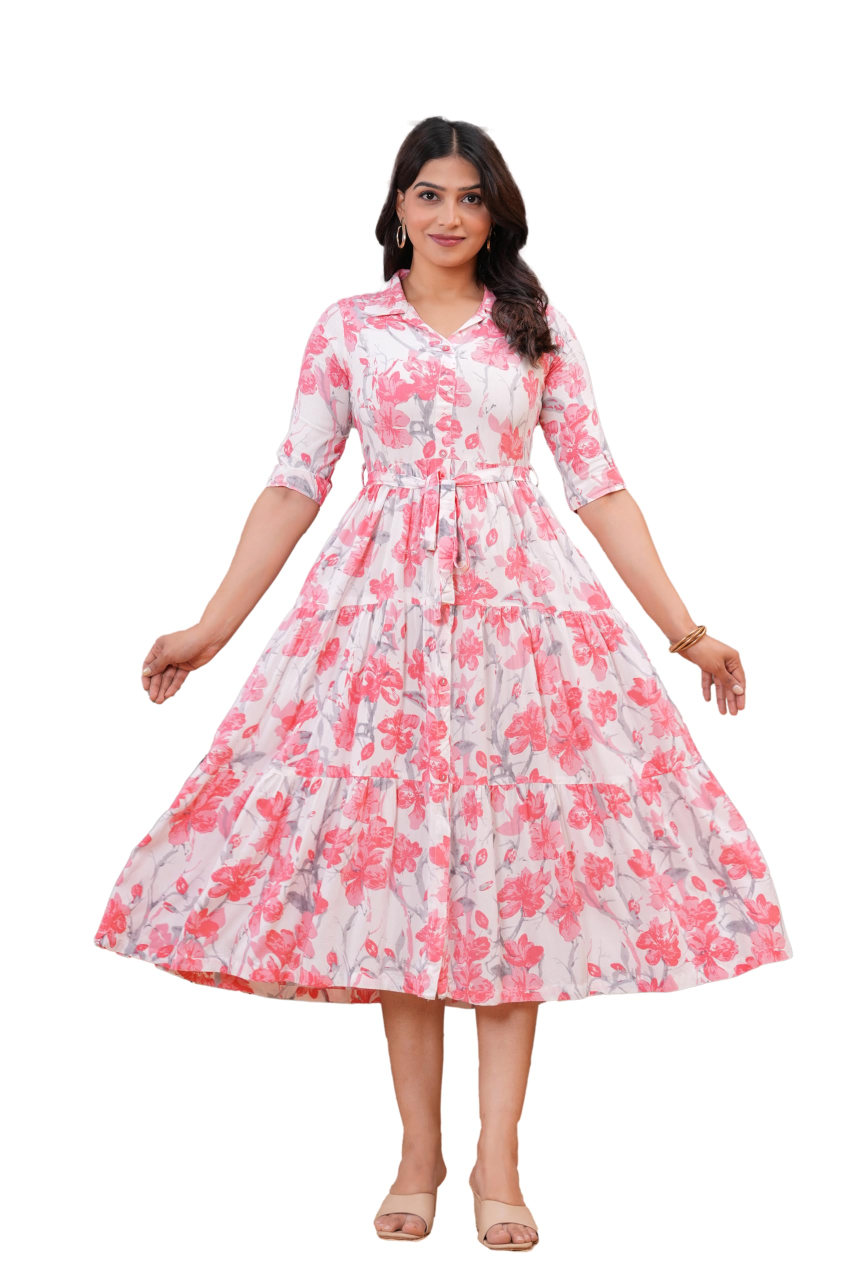 Flying Machine Women's Rayon Printed Flared Dress(DR194Pink) in pink