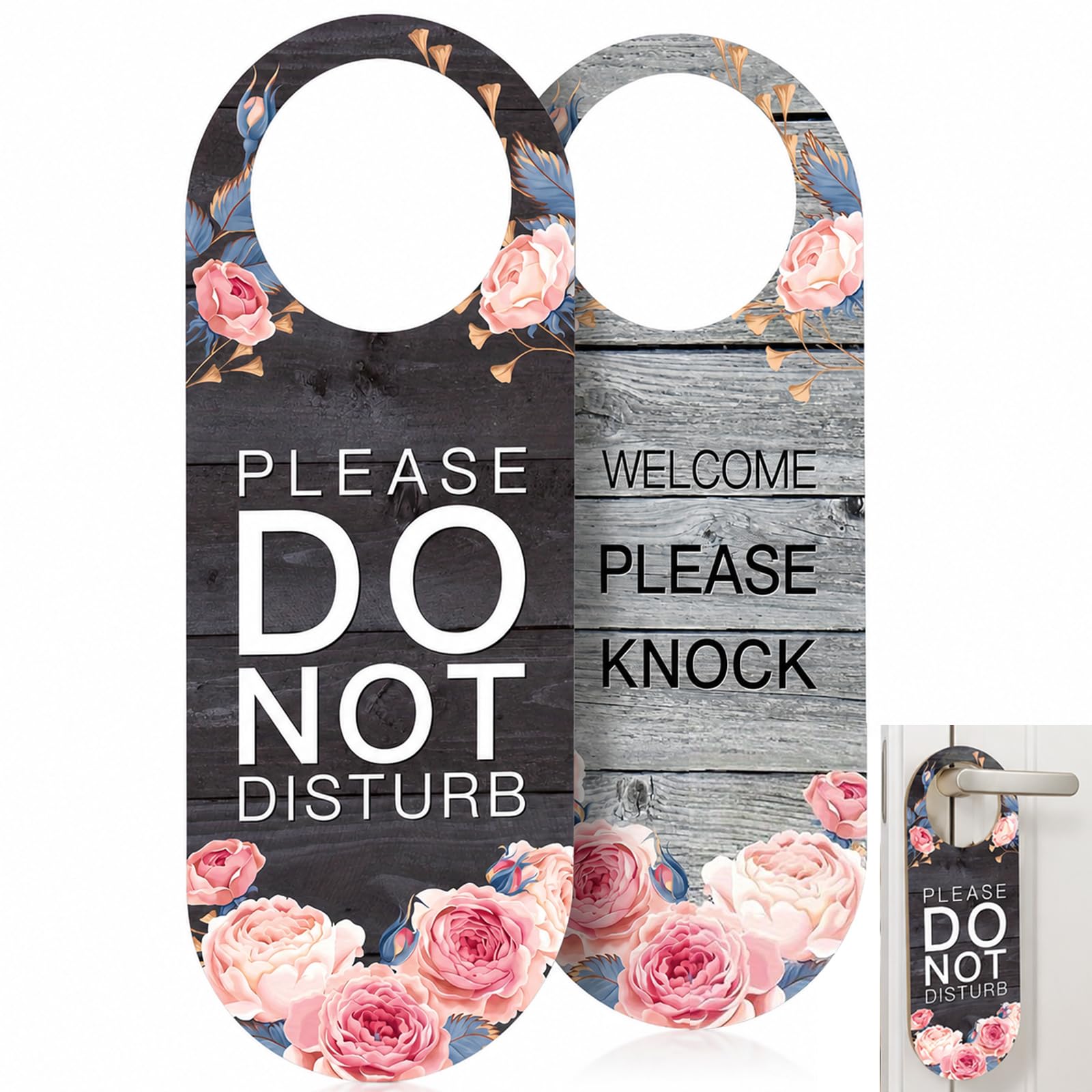 Do Not Disturb Door Sign, Double Sided Wooden Door Sign with Rose Pattern, Reversible to "Welcome Please Knock", Privacy Sign Knob Hanging for Meetings Offices Home Hotels Bedrooms
