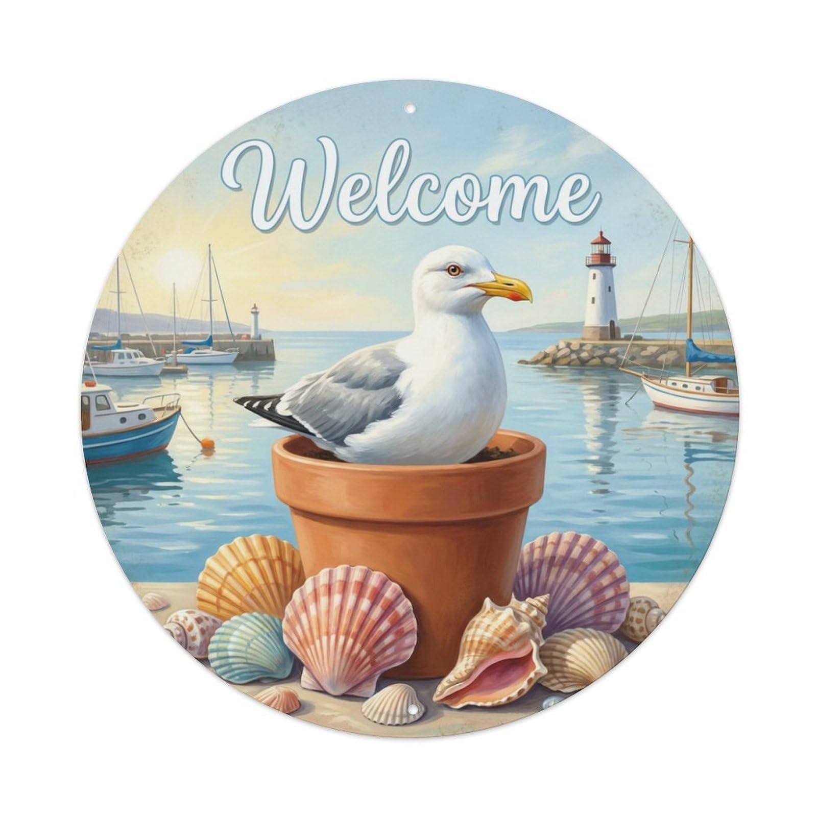 Metal Tin Sign Welcome Seagull Harbor Morning