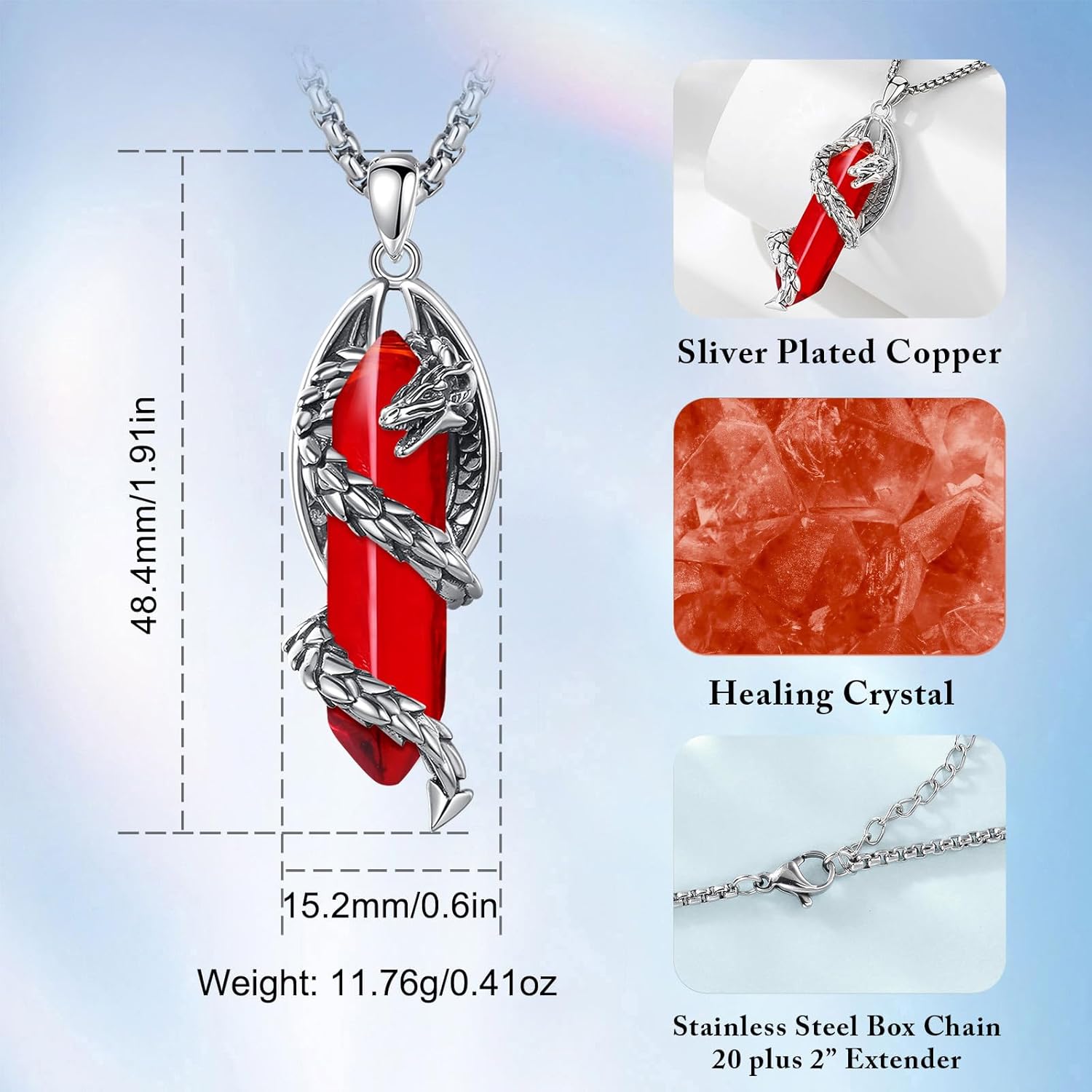 Vito Dragon Necklace for Women Men, Hexagonal Prism Obsidian/Rose Quartz/Lapis Lazuli/Amethyst/Turquoise Healing Crystal Energy Amulet Protection Jewelry Gift, 20"+2" - Image 7