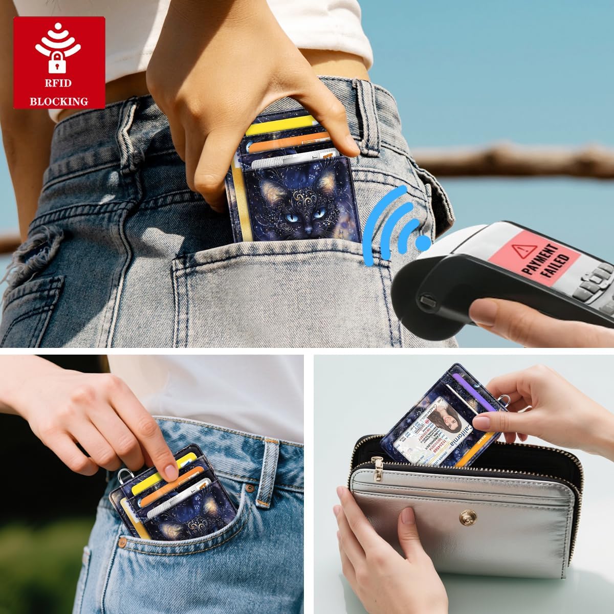 Slim Credit Card Holder Wallet Women Thin Minimalist Card Organizer Case Cute Small ID Window Girl Ladies Womens Wallets, Cool Cat - Image 4