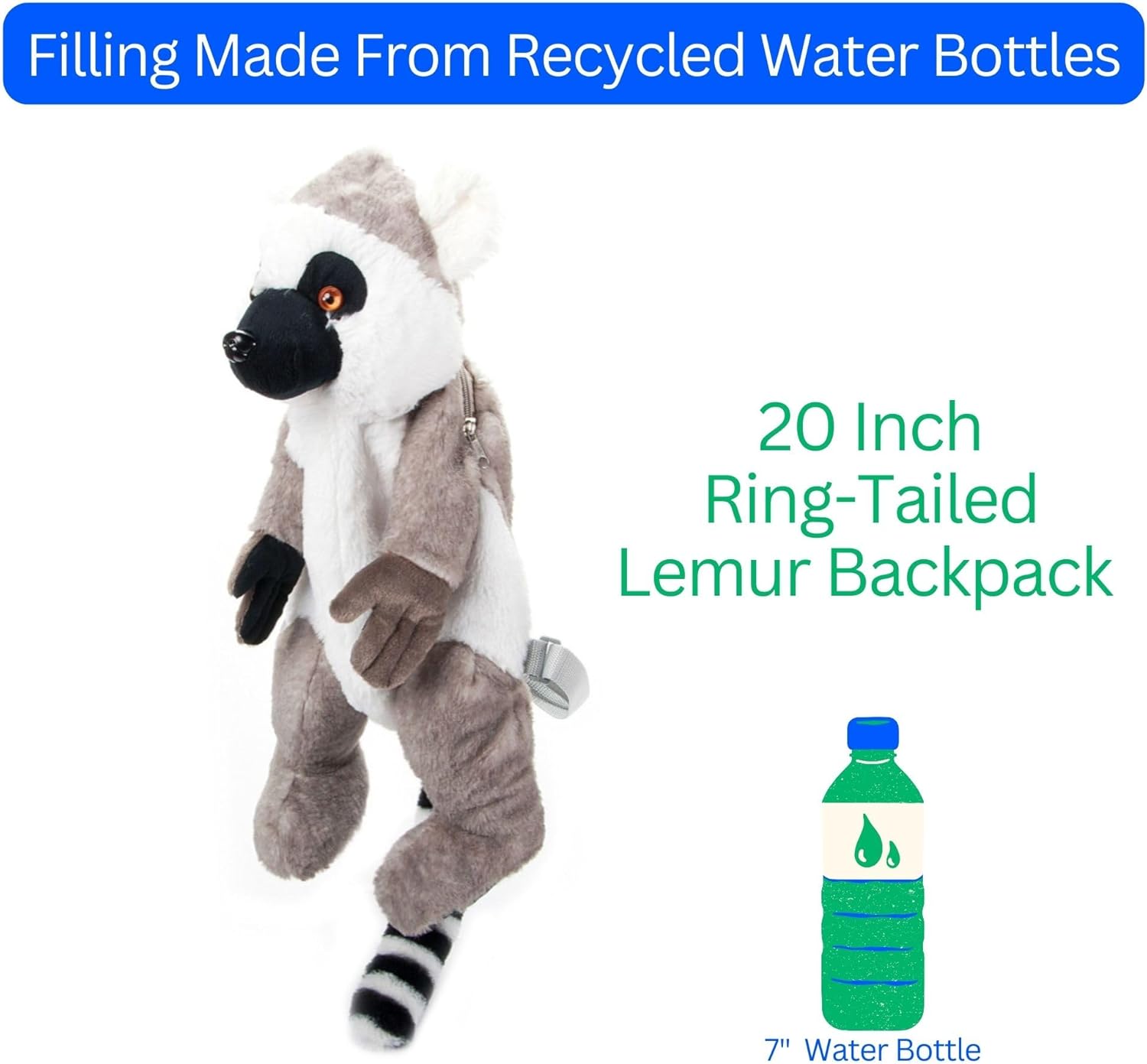 The Petting Zoo Ring-Tailed Lemur Stuffed Animal Plushie Backpack, Gifts for Kids, Wildlife Animal Toy, Grey Ring-Tailed Lemur Plush Toy Book Bag, 20 inches
