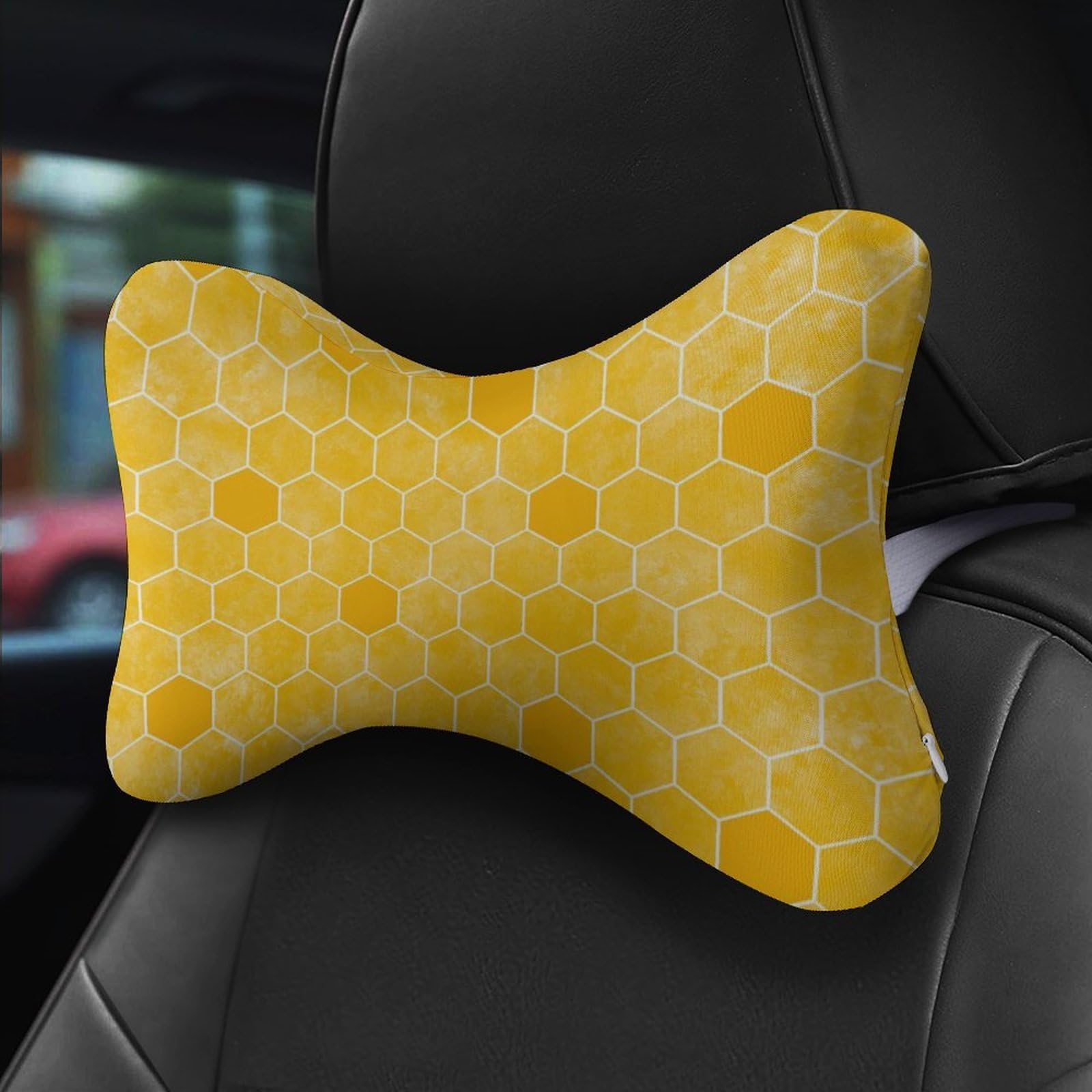 SMAZDFXX Bee Honeycomb Car Neck Pillow Set of 2 Car Seat Head Support Cushion Bone Pillows with Elastic Strap