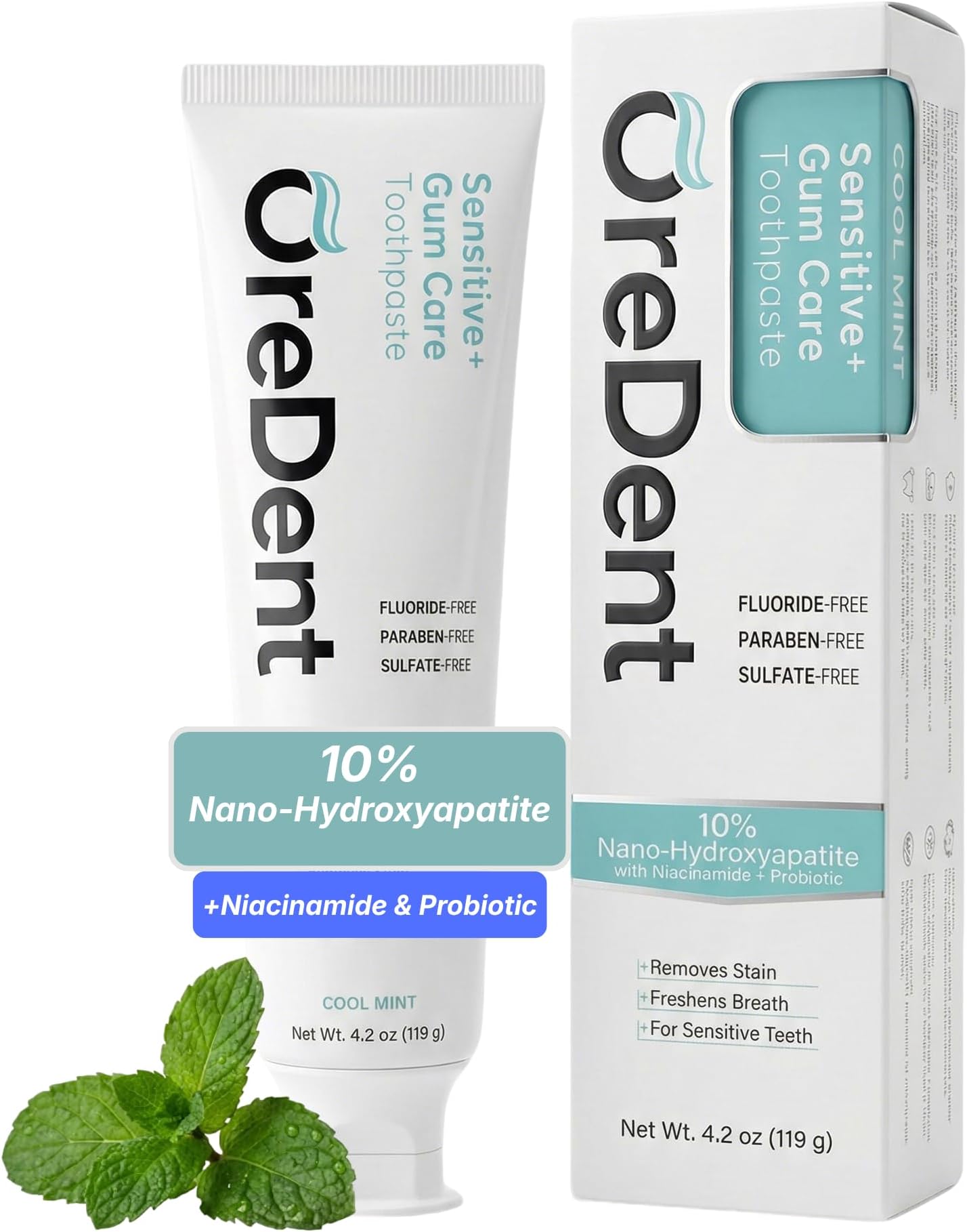 Fluoride Free 10% Nano Hydroxyapatite Sensitivity + Gum Care Toothpaste, Probiotic, Niacinamide, Sensitivity Relief, Xylitol, SLS Free, Cool Mint Flavor for Adults & Kids, 4.2 oz