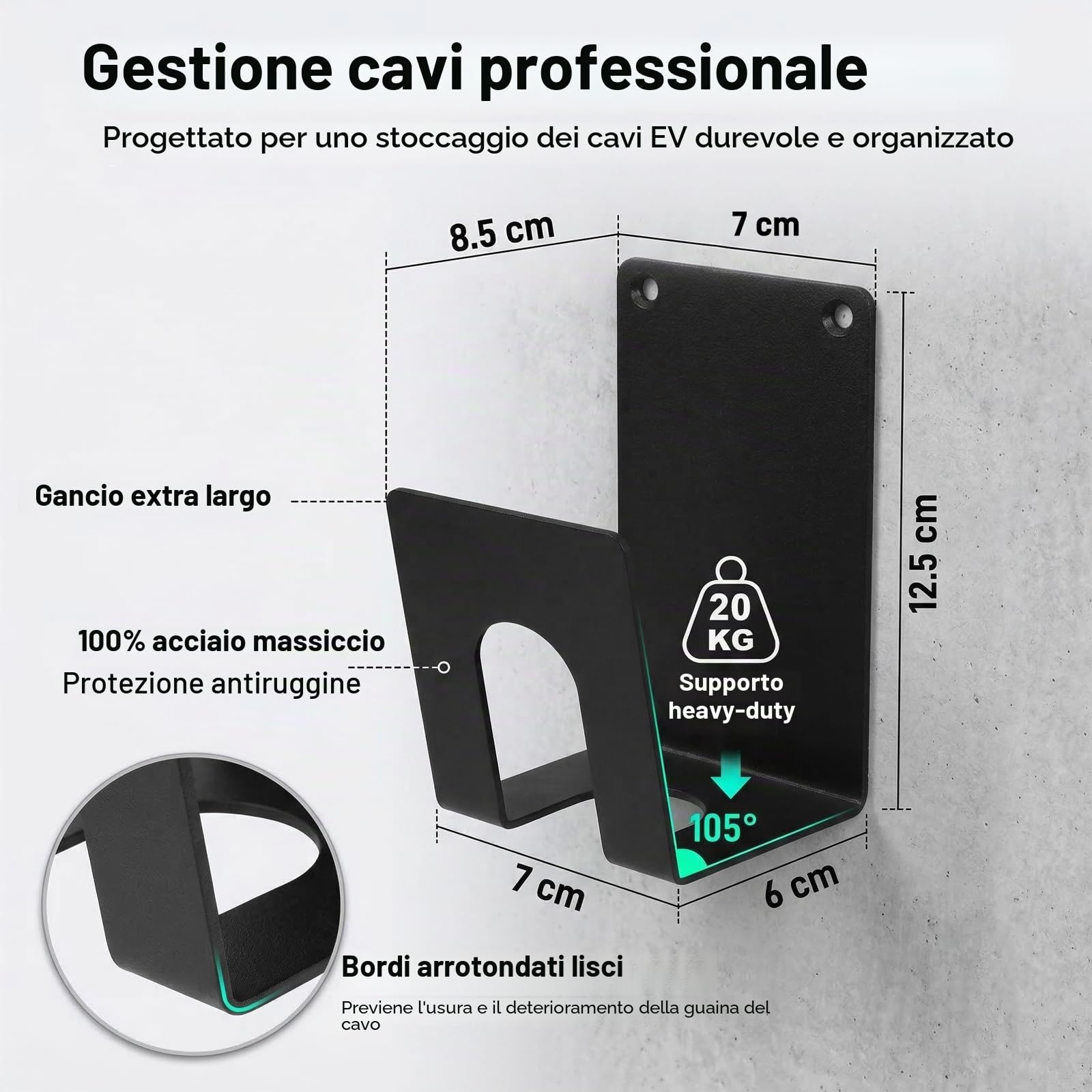 Kit Supporto Caricatore Auto Elettriche da Muro - Organizzatore con Porta Scatola di Controllo e Gancio a J per Wallbox Portatile, Staffa Metallica Robusta per Gestione Cavi EV
