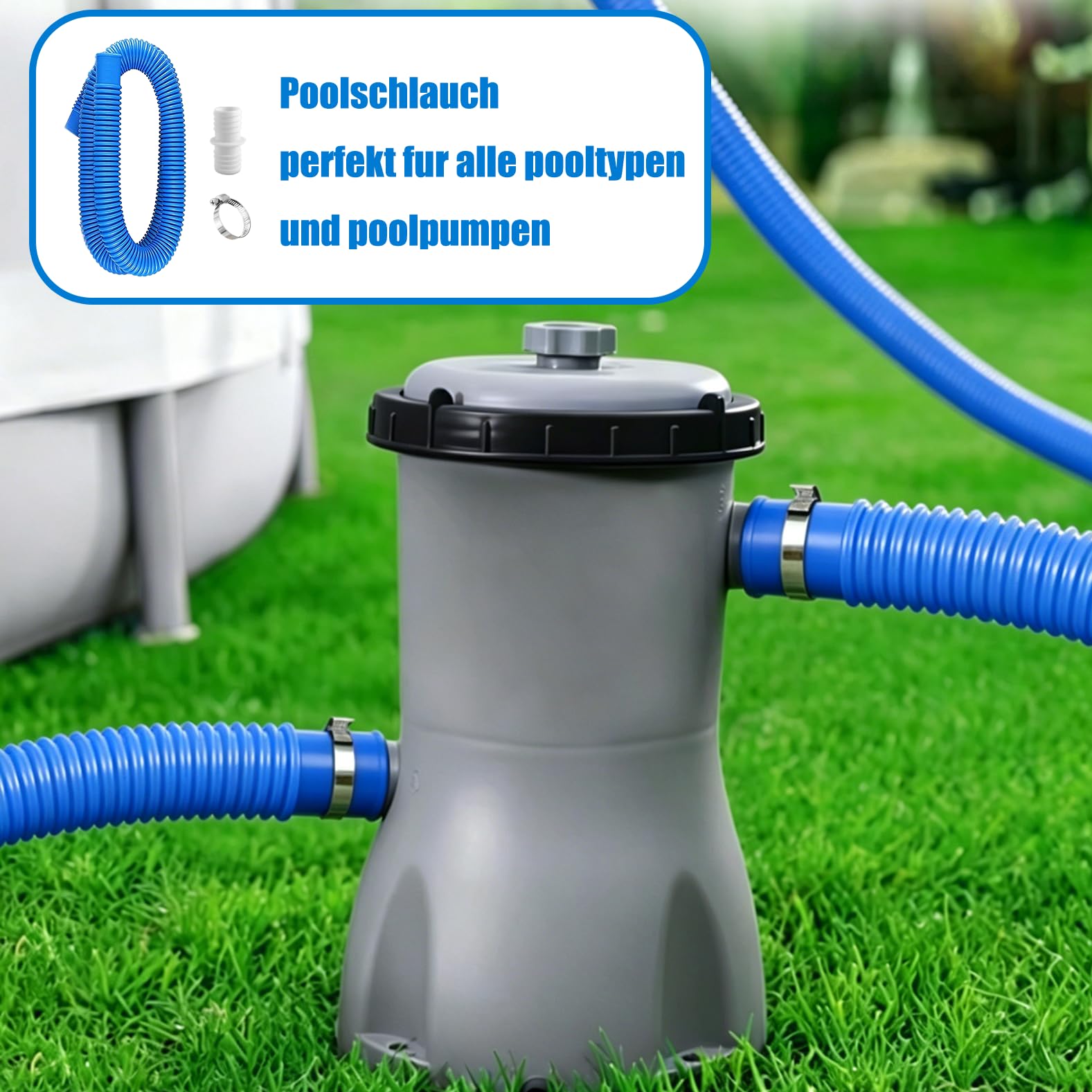 2 mangueras de piscina de 32 mm (azules) para bombas – incluye 4 clips de seguridad y 1 conector – ideal para bombas de filtro, limpiadores y calentadores de piscina