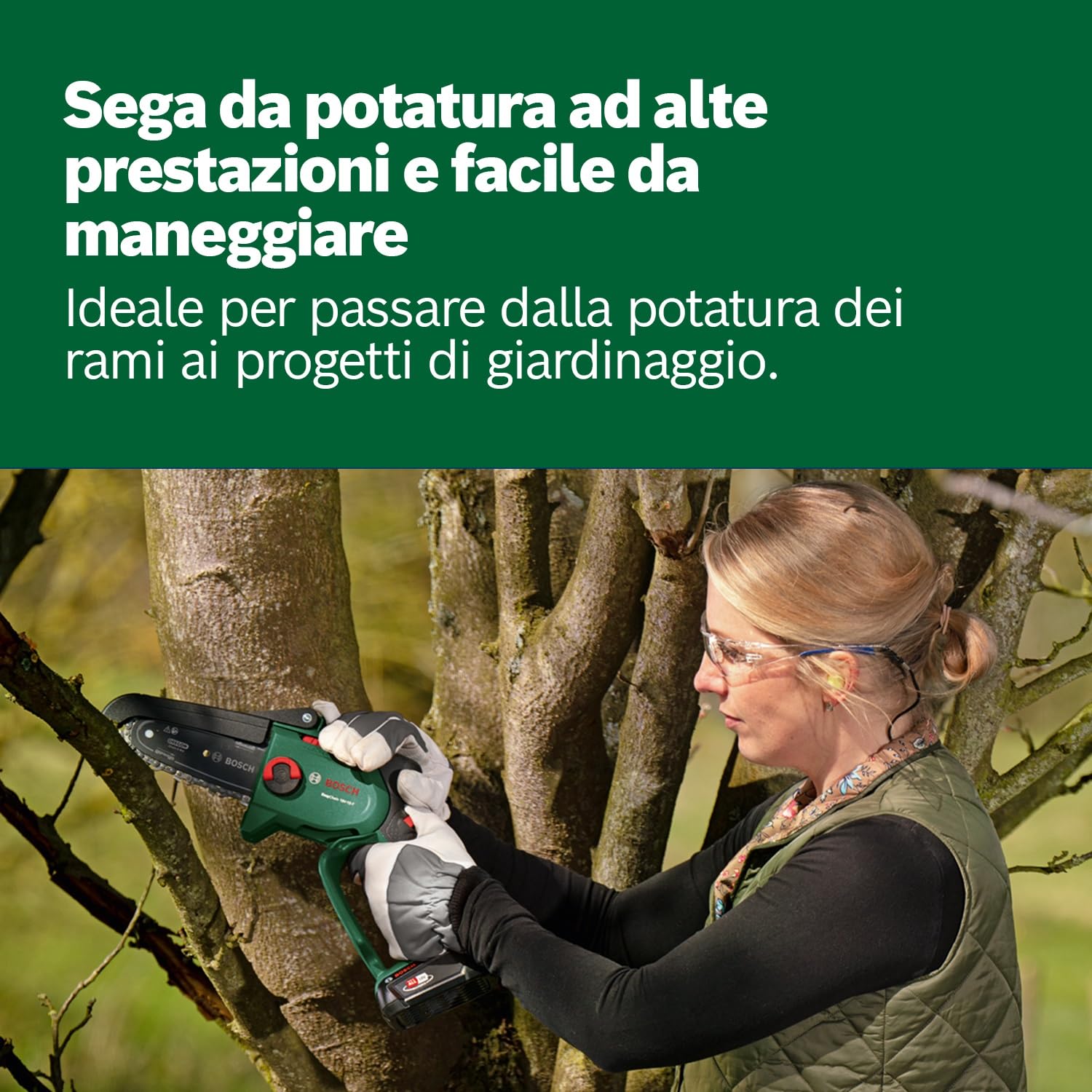 Bosch Mini Motosega a batteria EasyChain 18V-15-7 (per il taglio del legno; 18 Volt System; velocità catena: 6,95 m/s; con batteria da 2,5 Ah e caricabatteria)