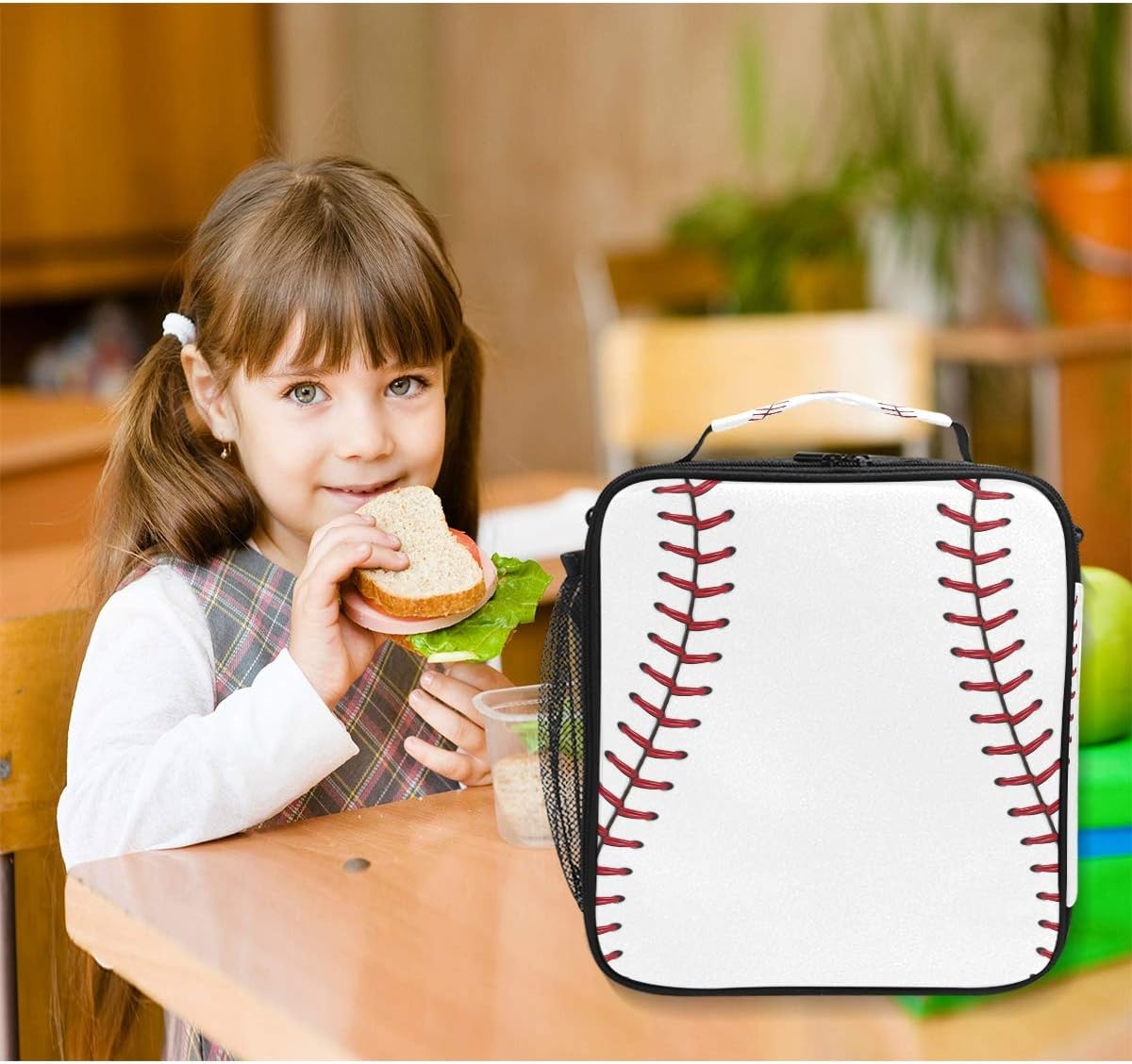 Lunch Box Bag Baseball Lace Sport Lunchbox Insulated Thermal Cooler Ice Adjustable Shoulder Strap for Women Men Boys Girls
