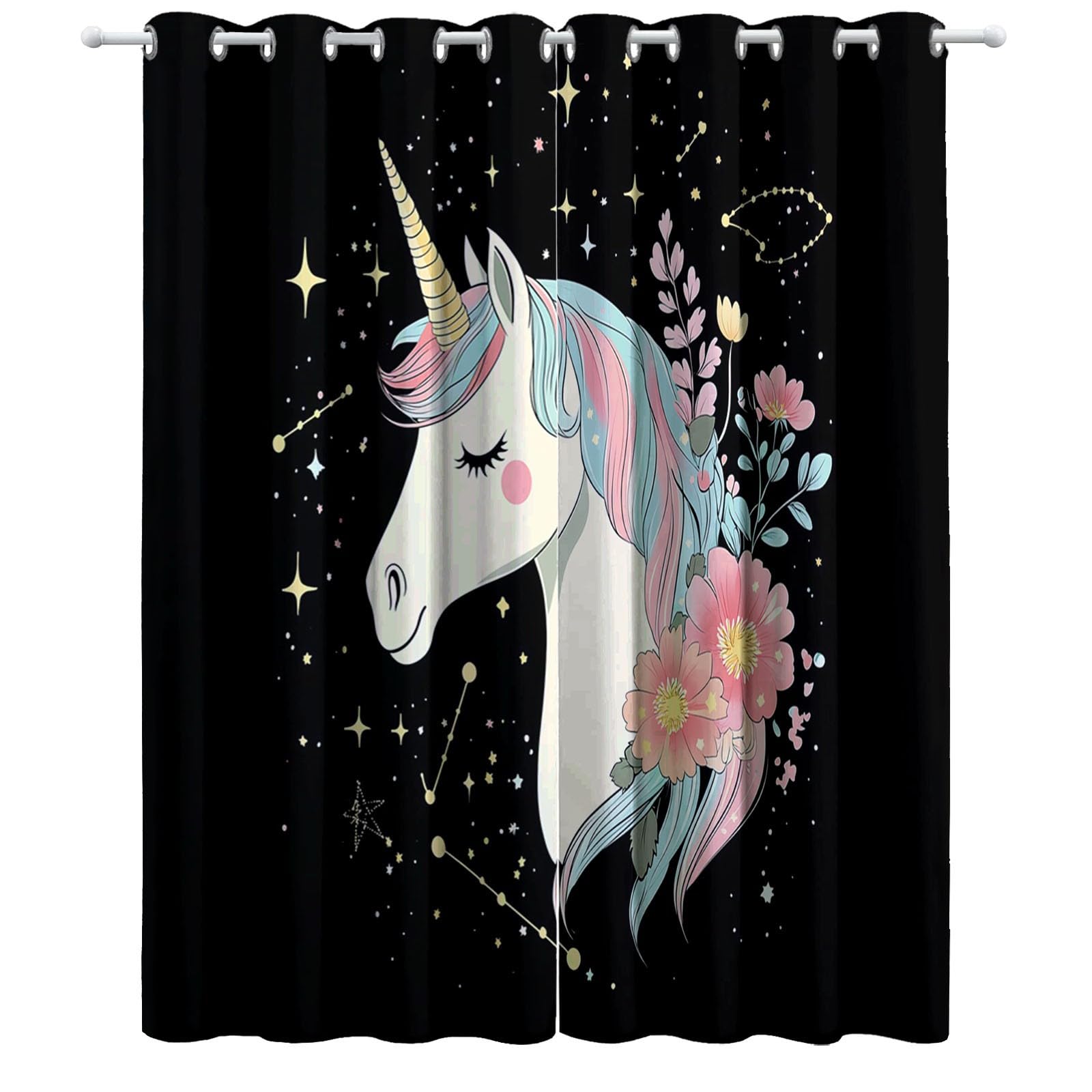 Lot de 2 Rideaux Occultants Enfant Licorne Floral Noir, Rideaux Thermiques à Œillets, Isolation et Décoration pour Salon et Chambre, L140 x H175 cm