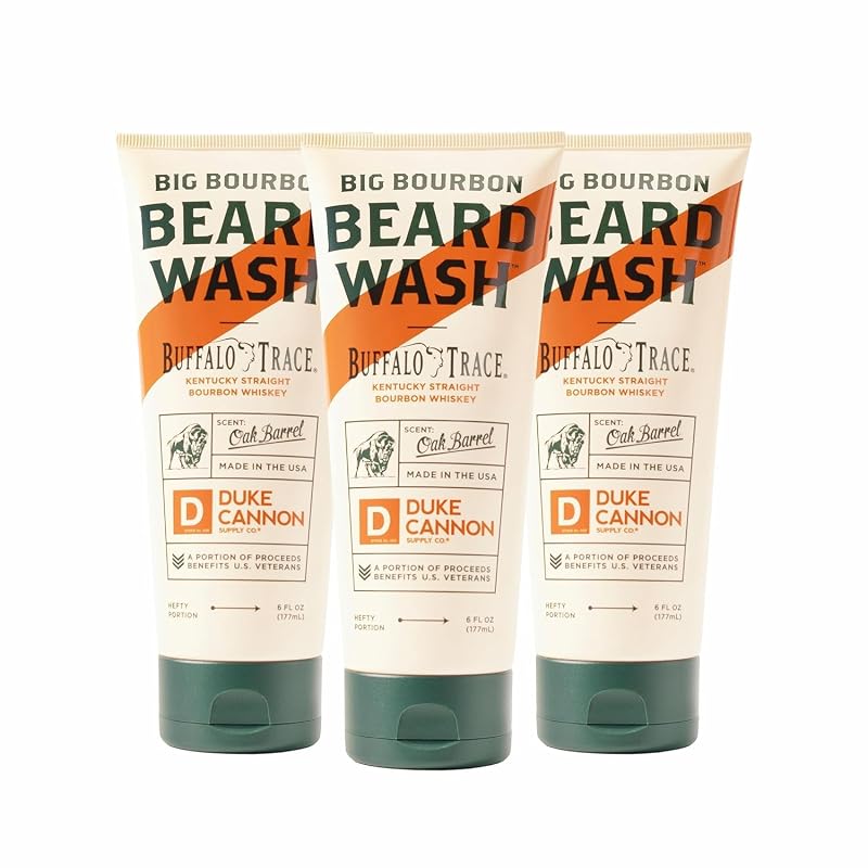 Duke Cannon Supply Co Big Bourbon Beard Wash, limpador para barba com fragrância amadeirada de barril de carvalho, 6 oz, pacote com 3