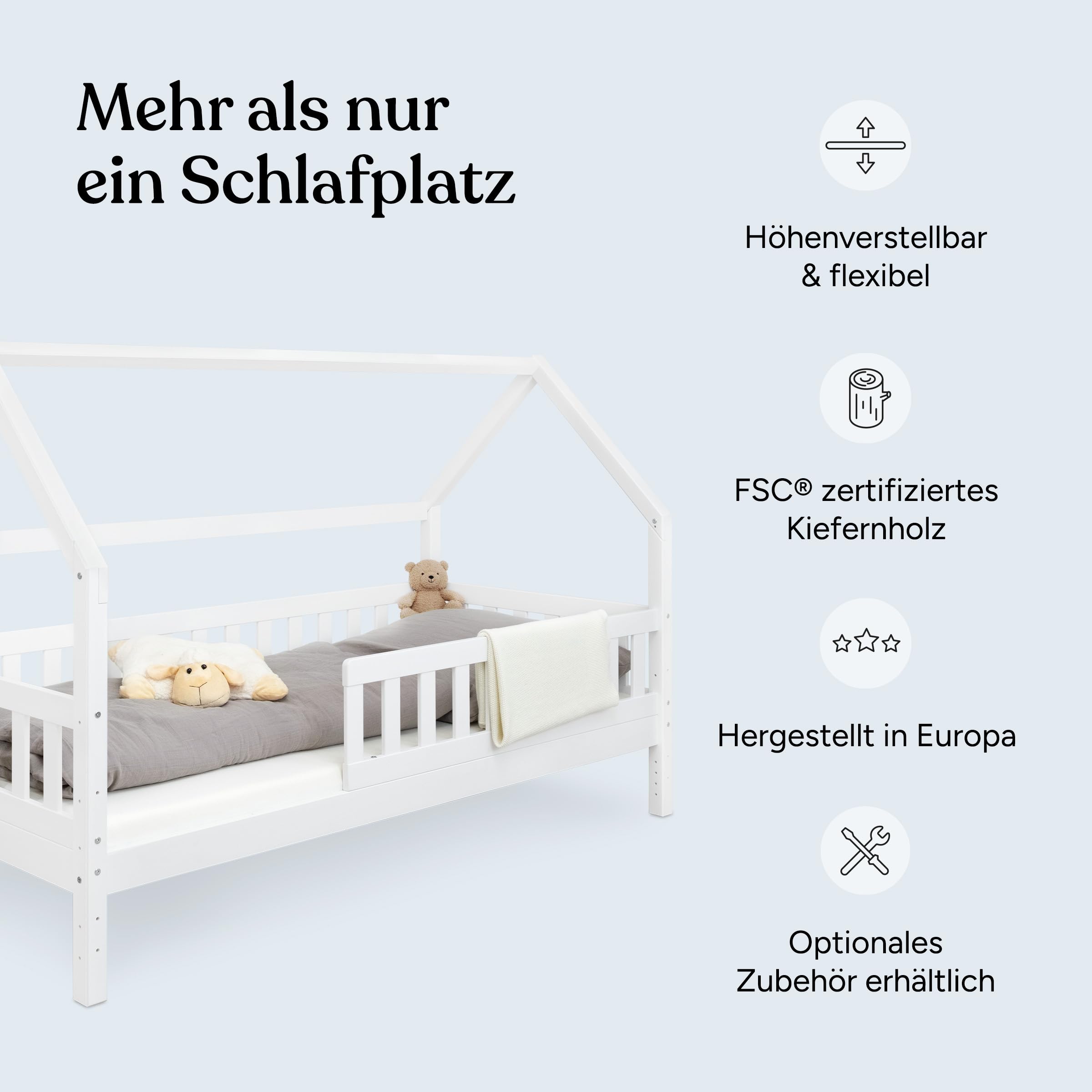 Ehrenkind® Hausbett Lille | Kinderbett mit abnehmbaren Rausfallschutz aus Massivholz FSC® zertifziert inkl. Bettkasten | Hausbett 90x200 | Kinderbett 90x200 Weiß