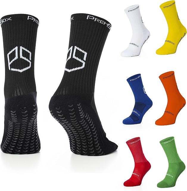 PremSox Football Grip Socks Non Slip Sports Sock featuring Rubber Pads inside and out Low Mid-Calf Non Slip Cushion Crew Team for Running, Fitness Black White Red Blue Yellow Green Orange 6 to 11