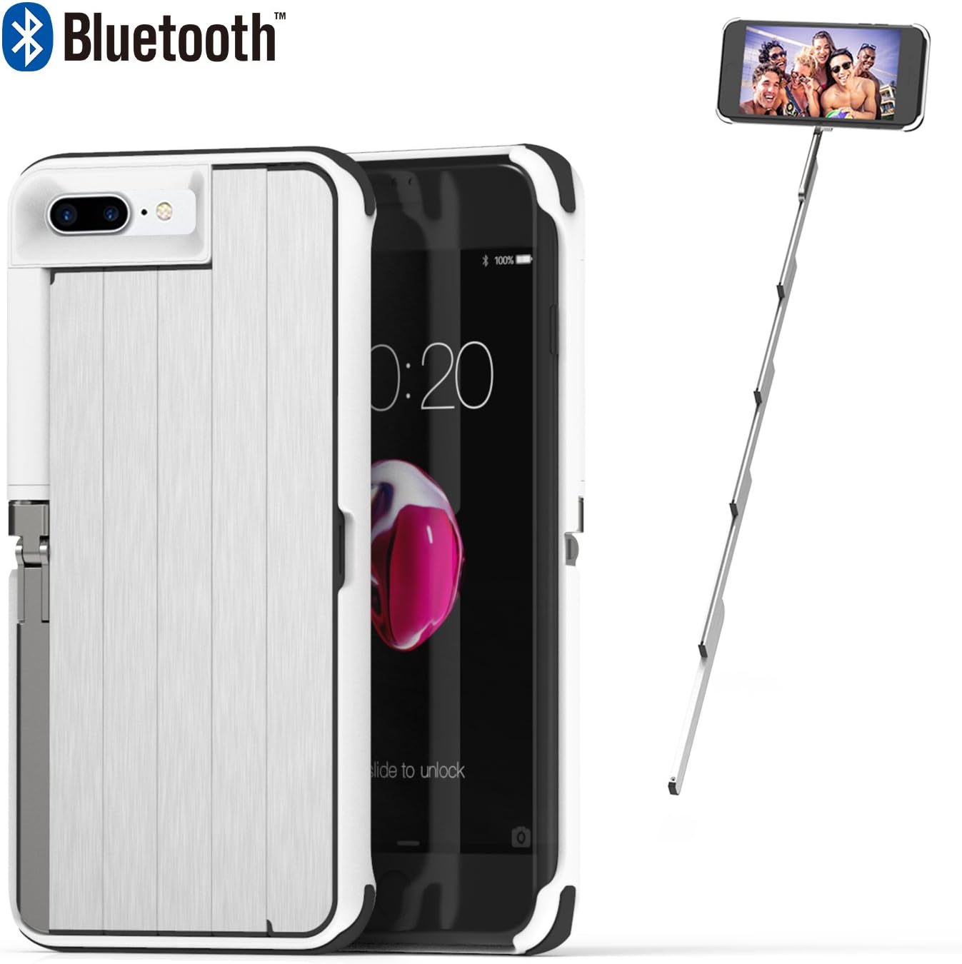iPhone 8 Plus Case White iPhone 7 Plus Case with Selfie Stick Bluetooth Shockproof Outdoor Aluminium Phone Stand Rechargeable Extendable Wireless Selfie Stick Case for iPhone 7 Plus/8 Plus
