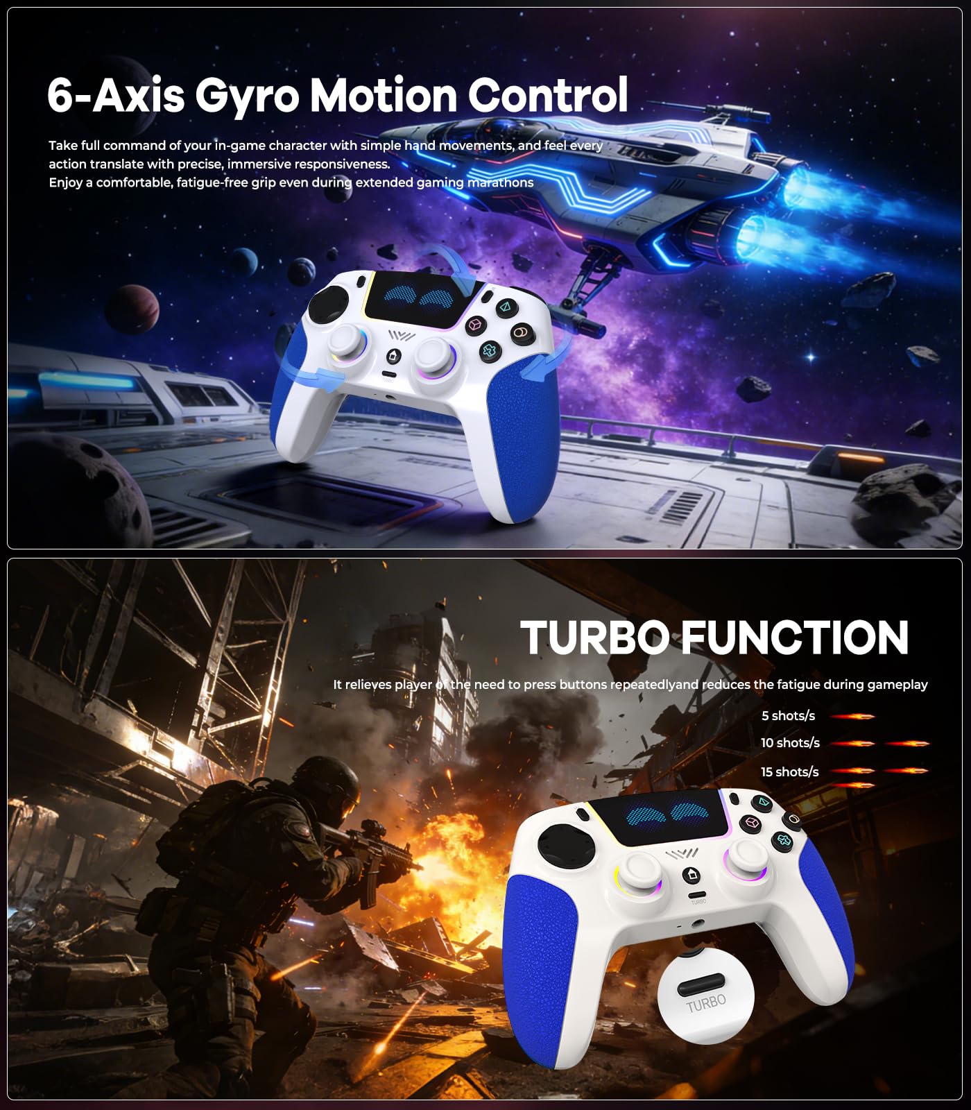 SFGSUP Controller Wireless per PS5/PC/Steam Deck, con Joystick&Grilletti Effetto Hall/8 Colori illuminazione RGB/Giroscopio 6 Assi/Turbo/Doppia Vibrazione/Impugnatura Antiscivolo/Batteria 1500 mAh