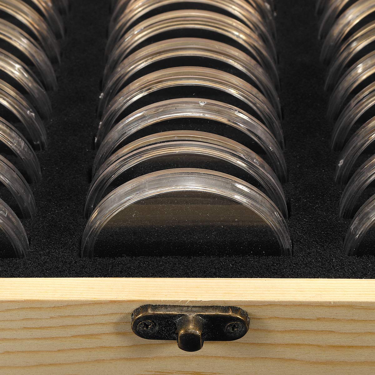 CCChaRLes Caja De Madera Del Soporte De La Pantalla De La Moneda Con 30Pcs 51.5Mm Redondo Losa Certificadas Cápsulas
