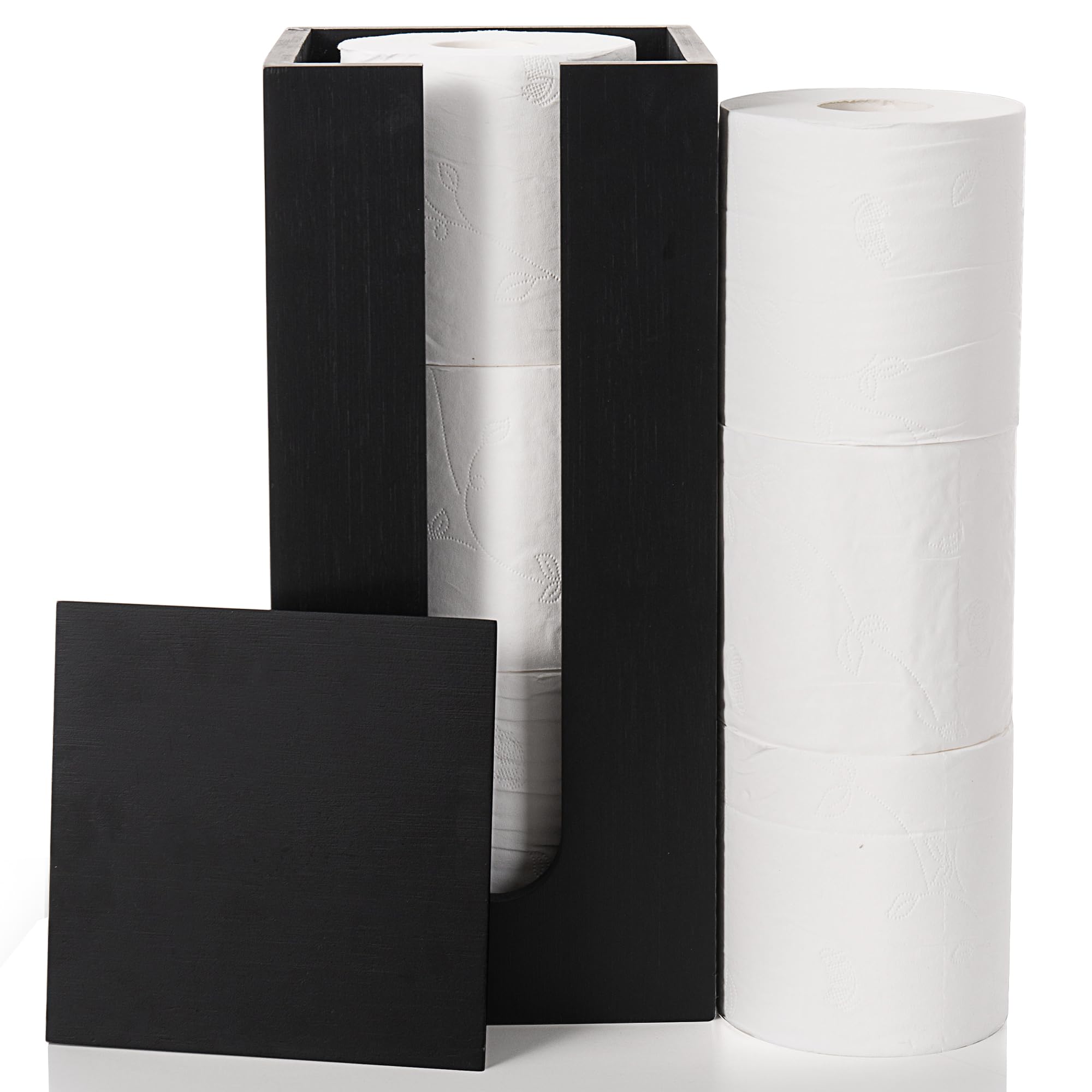 Woodluv Square - Black Toilet Roll Holder With Lid, Toilet Roll Holder Freestanding, Bathroom Storage, Bamboo Loo Roll Holder, Bathroom Storage Unit, Black