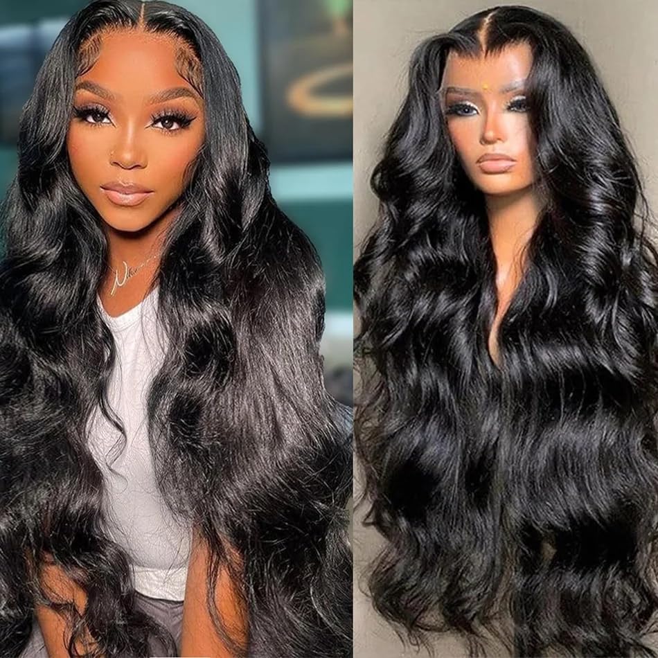 USUKUSI 28 Inch Body Wave Lace Front Wigs Human Hair Pre-Plucked for Black Women 4x4 Lace Closure Wigs Human Hair 180% Density Brazilian Glue Less