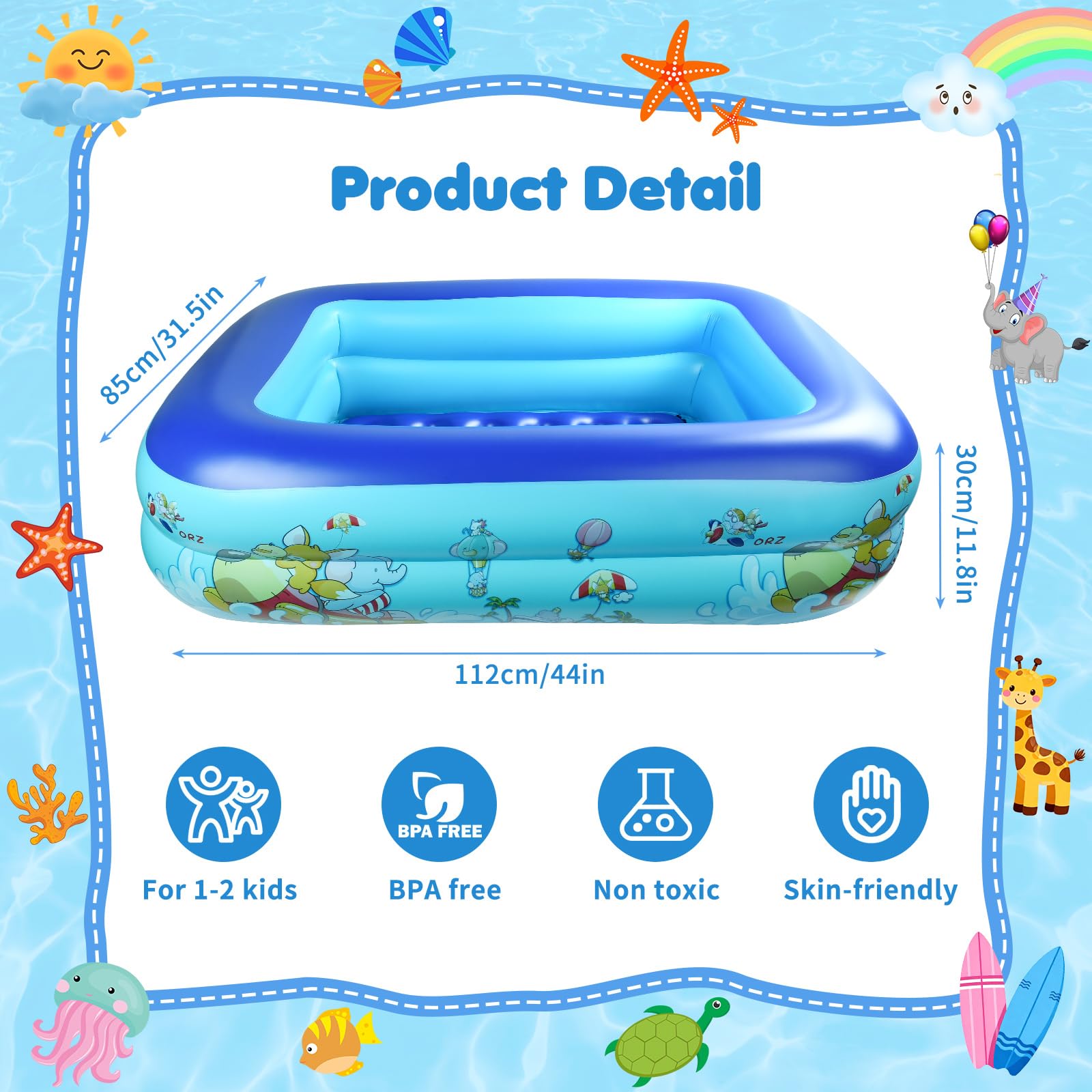 Piscina Gonfiabile, 112 x 85 x 30 CM Piscina Gonfiabile Bambini, Piscina per Bambini, Piscinas 2 Anelli, Piscina Baby Rettangolare, per Cortile, Giardino, Interno, Esterni