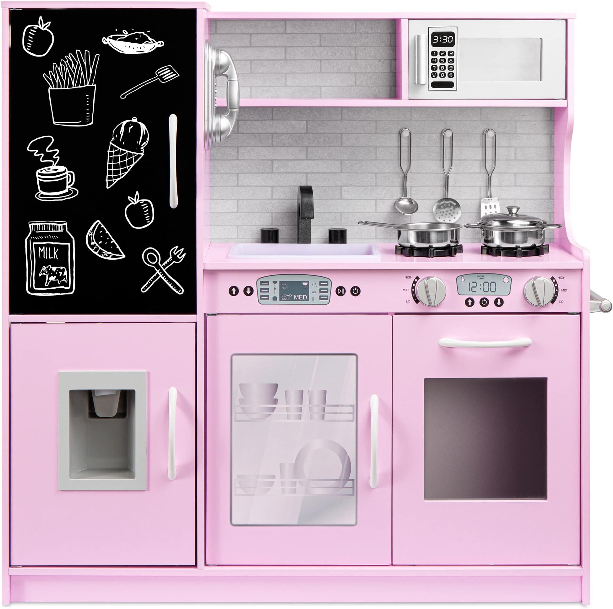 Best Choice Products Pretend Play Kitchen Wooden Toy Set for Kids with Realistic Design, Telephone, Utensils, Oven, Microwave, Sink - Pink