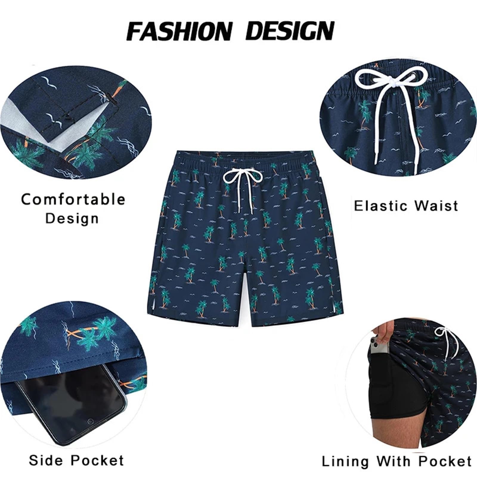Pantaloncini da Bagno Estivi in ​​Poliestere da Uomo, da Palestra, ad Asciugatura Rapida, con Elastico in Vita, Pantaloni da Spiaggia(Blue with White,L)