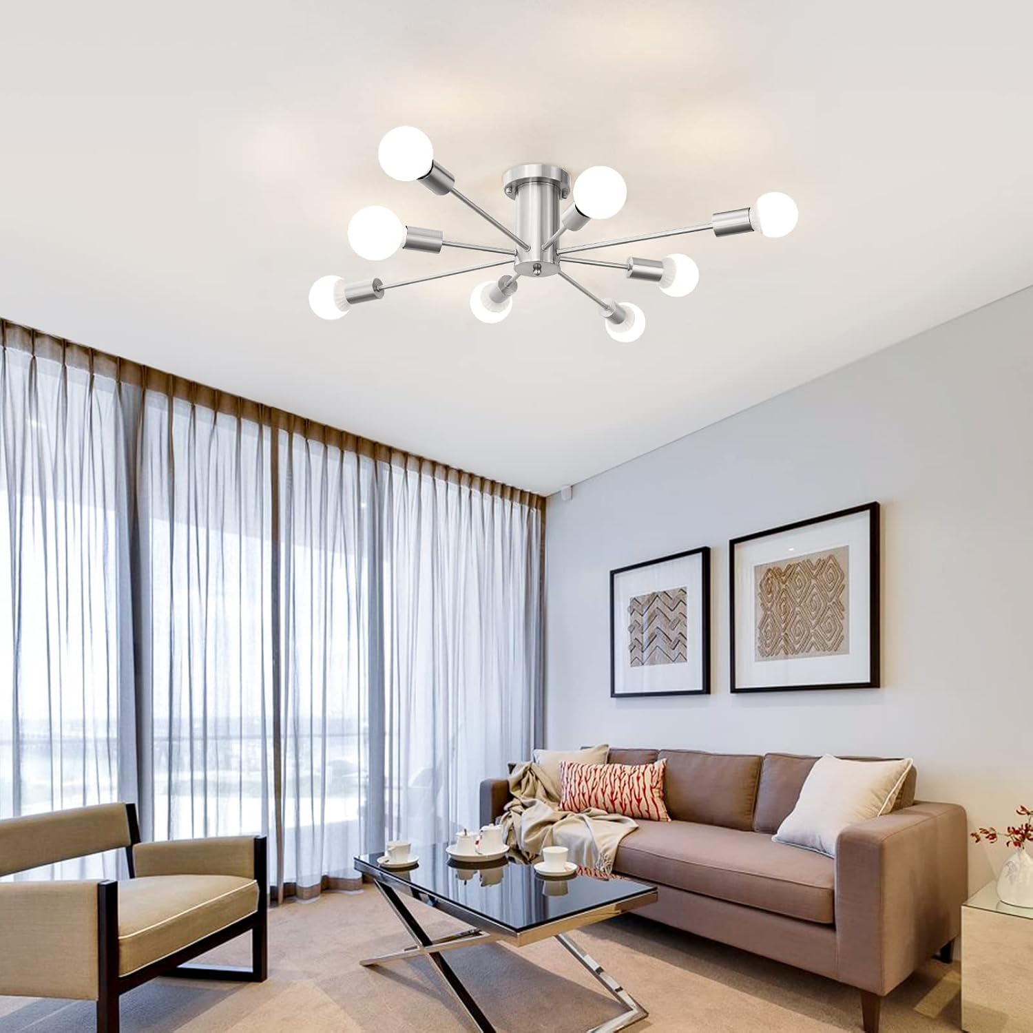 Nickel 8-Light Geometric Sputnik Semi Flush Mount Chandelier