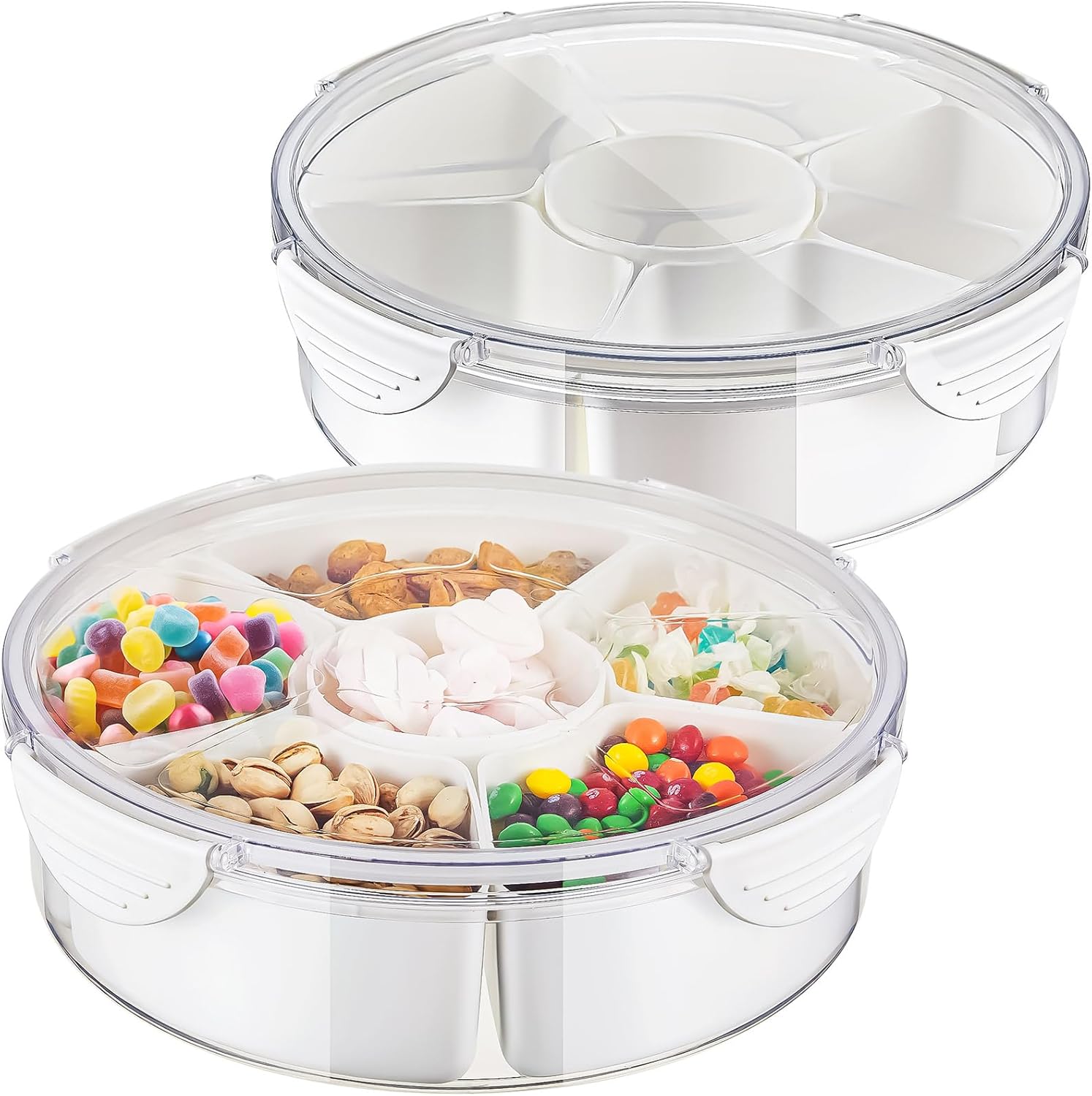 Roshtia 2 Pcs Round Divided Serving Tray with Lid Plastic 6 Compartment Removable