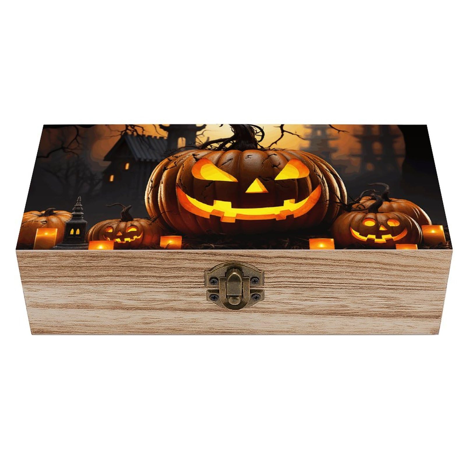 JTREHY Wooden Storage Box Container,Halloween Pumpkinprinted Desk Storage Box Room Decoration Box Souvenir Storage Box for Jewelry Gift Storage And Home Decoration