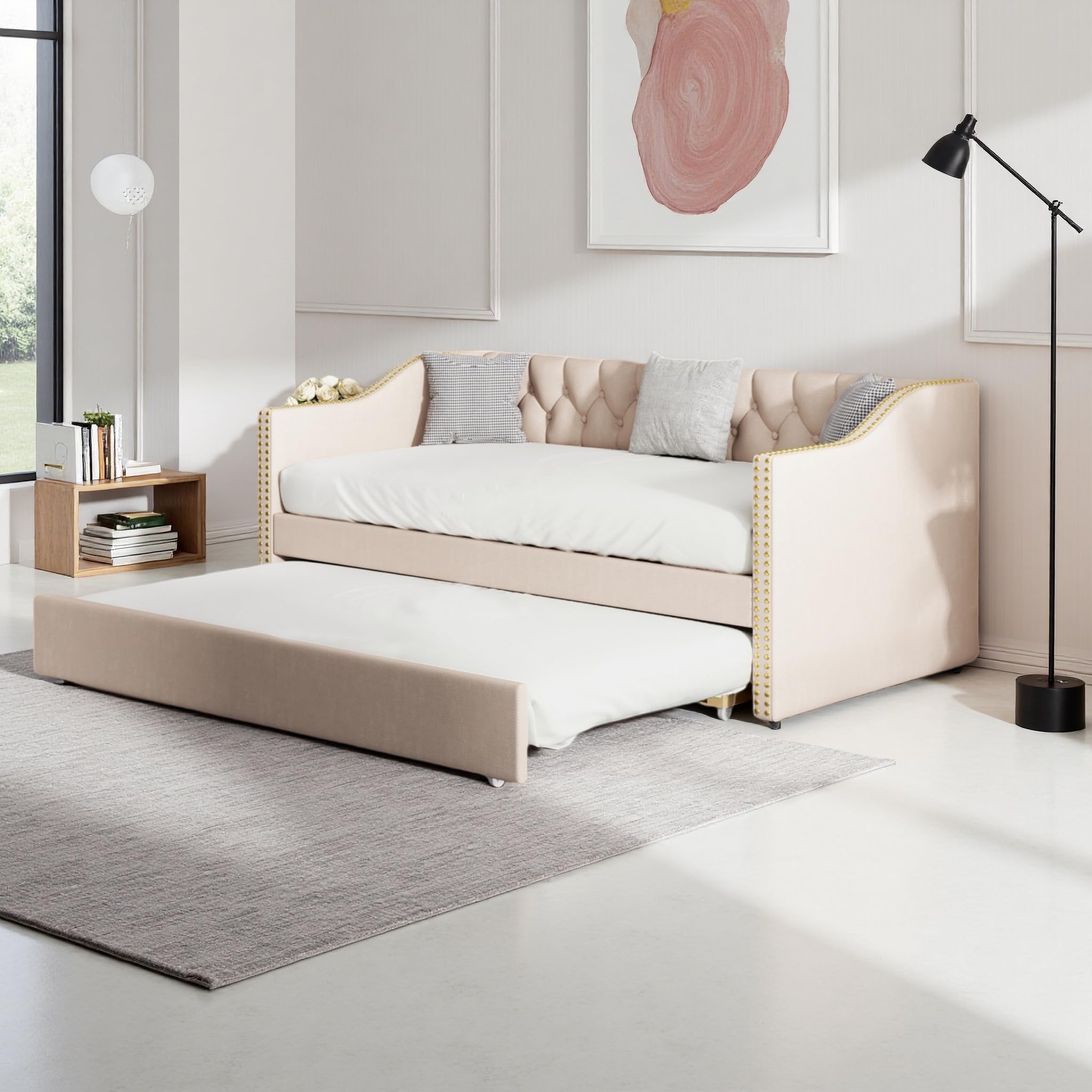 PerGar Sofá cama tapizada y extensible 90/180 x 200 cm, cama juvenil con somieres, multifunción para invitados, estructura de lino beige