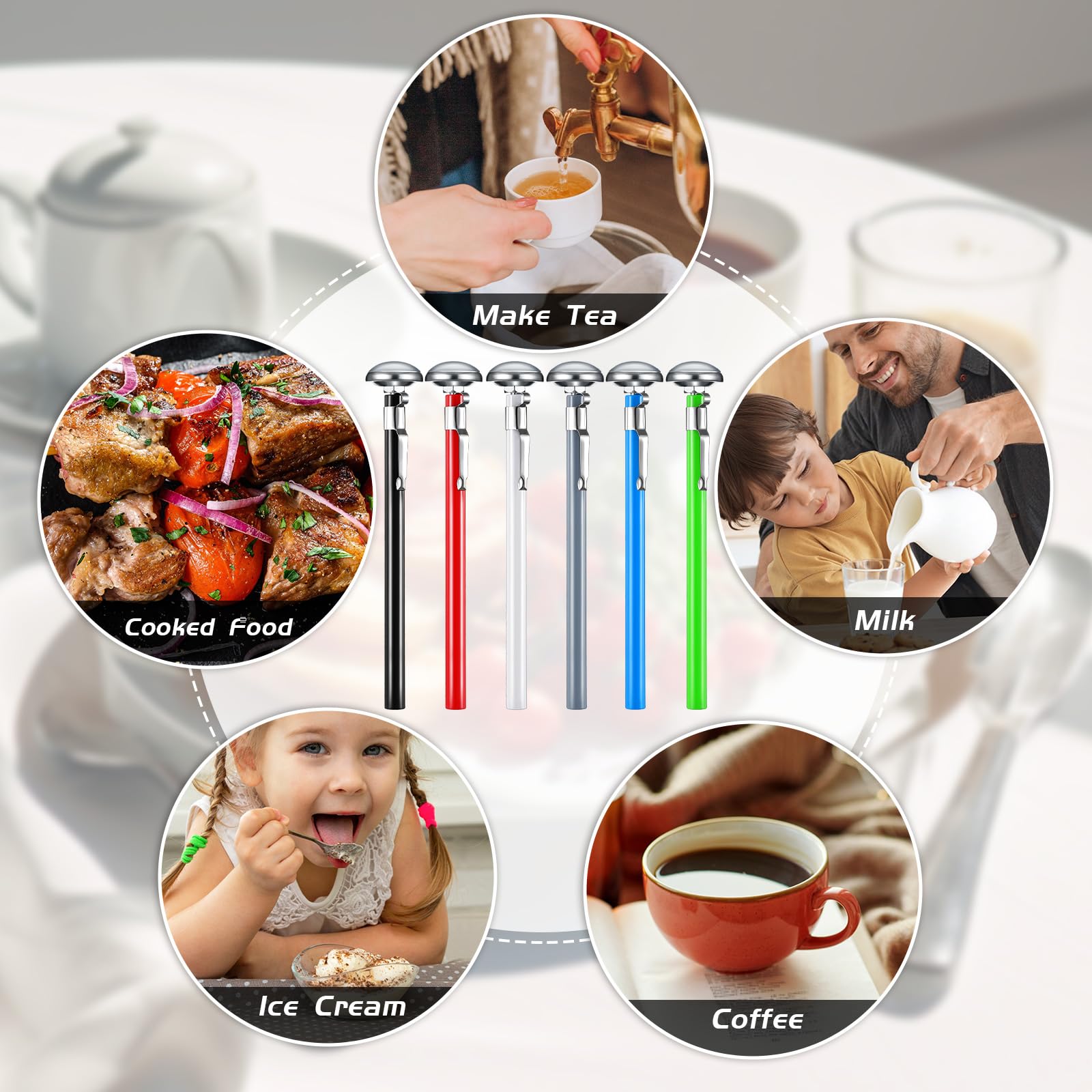 Xuhal 6 termómetros de cocina de acero inoxidable con tallo de 5 pulgadas de largo, termómetro de esfera de 1 pulgada, termómetro de espuma de leche, termómetro de alimentos para sonda de horno,
