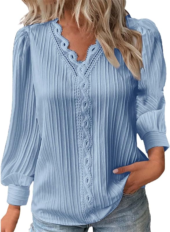 Camisas de manga larga para las mujeres 2024 V cuello encaje tops negocios casual elegante blusas trabajo camisas de gran tamaño ropa de otoño